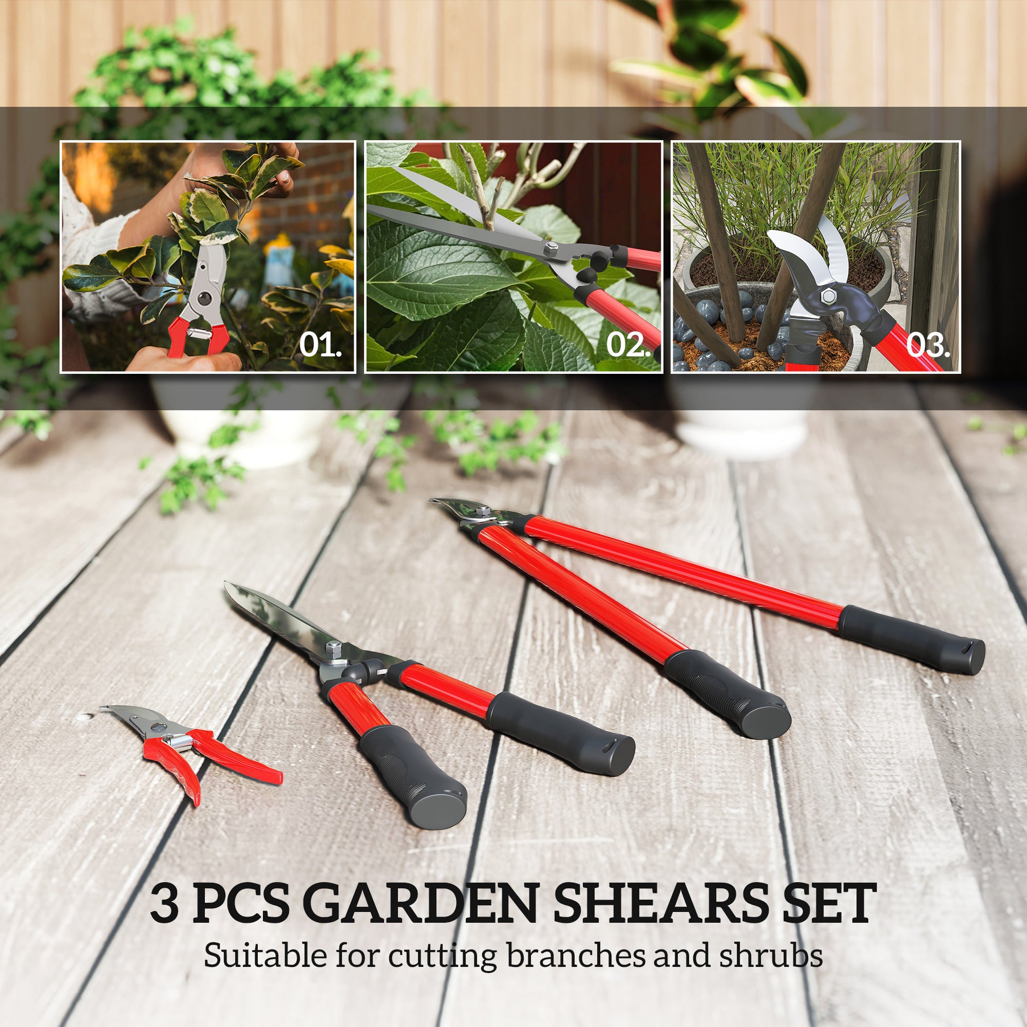 Outsunny 3 Pcs Garden Shears Set with Hedge Shears, Lopper, Garden Secateurs, Lightweight and Compact, Tree Shrub Care Kit for Pruning with Soft Grip Handle