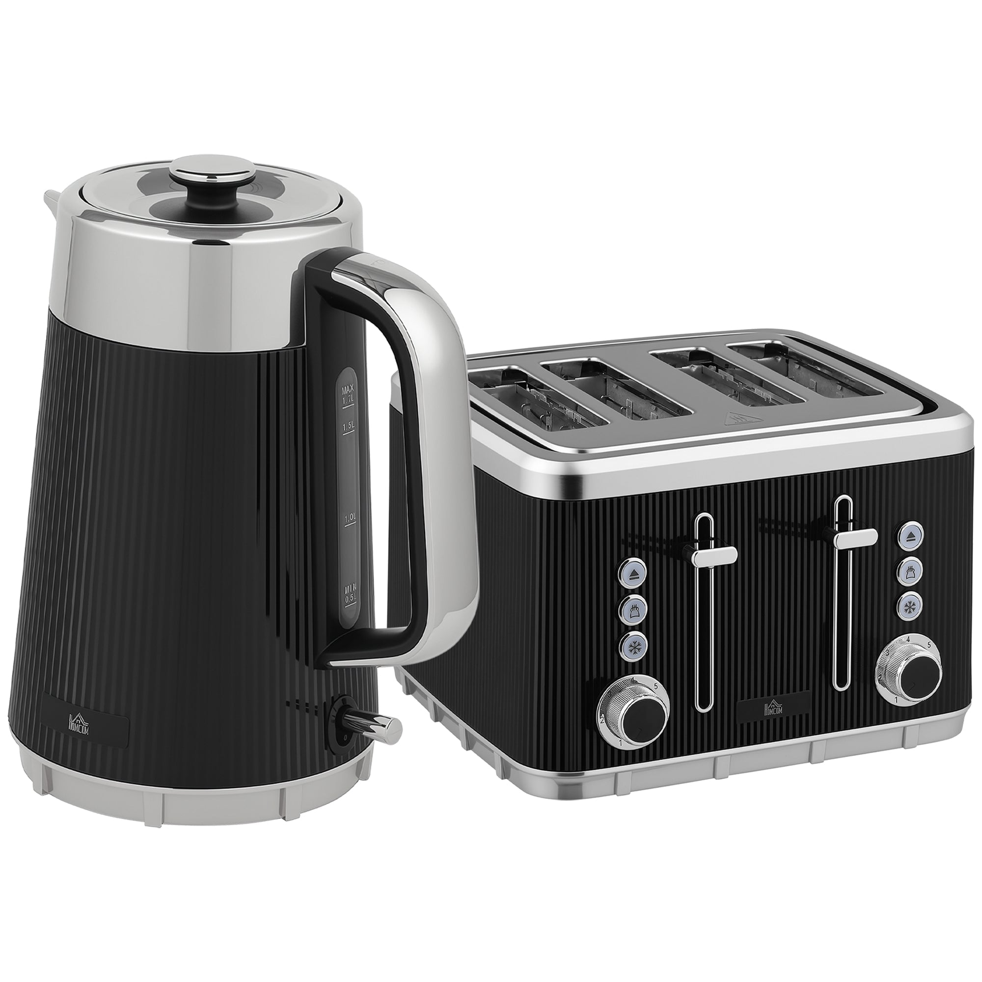 HOMCOM Electric Kettle and Toaster Set, 3000W 1.7L UK Strix Thermostat Rapid Boil Jug Kettle with Limescale Filter, Cool Touch Body, 4 Slice Toaster with 7 Browning Controls, Crumb Tray, Black