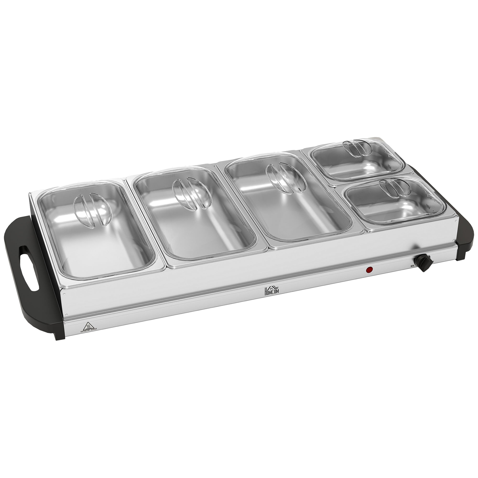 HOMCOM Electric Food Warmer 5 Tray, 9.2L Portable Buffet Server and Warming Tray with Lids, Adjustable Temperature Control and Cool Touch Handles, 450W, 3 x 2.4L and 2 x 1L, Silver Tone