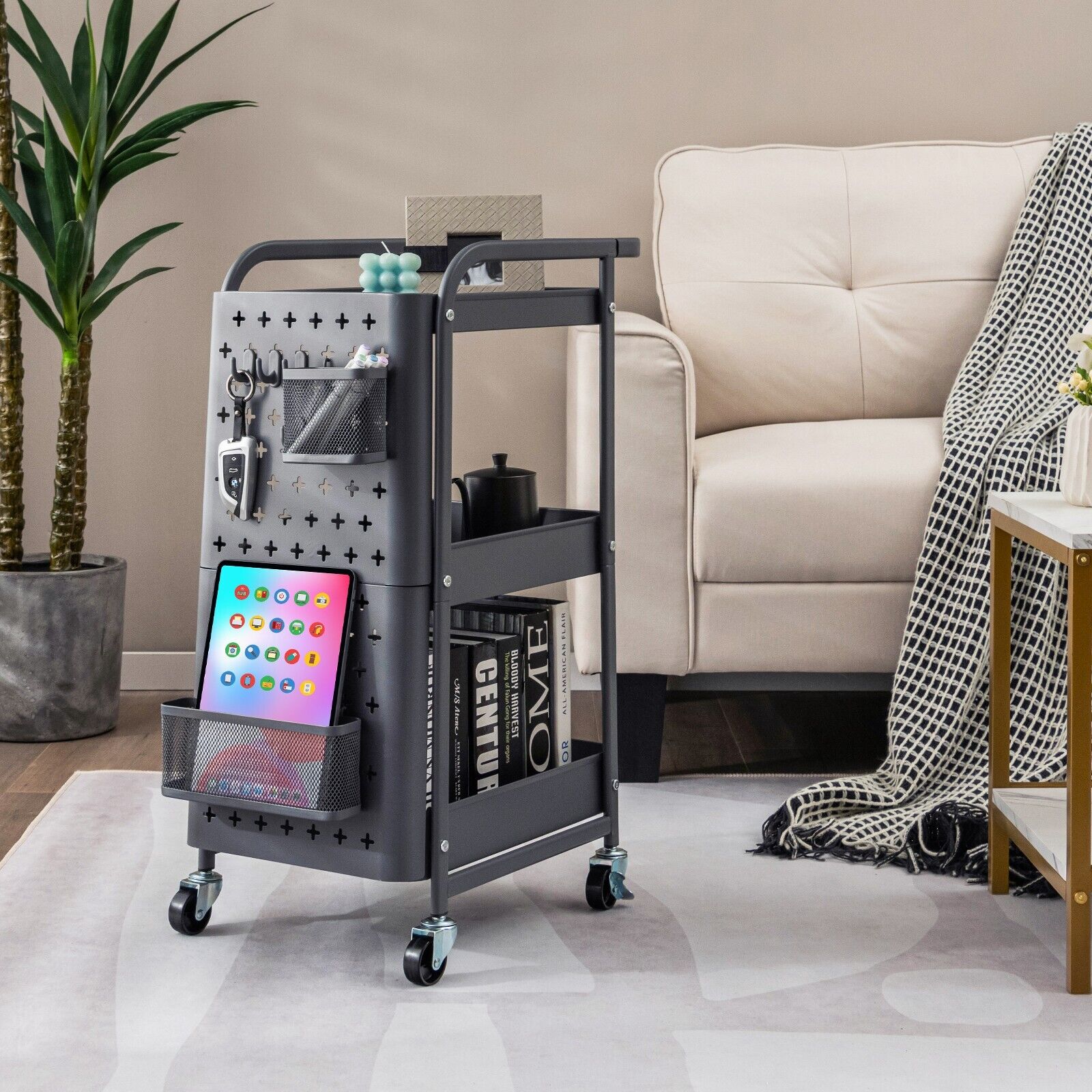 3-Tier Rolling Storage Organizer Cart with Dual DIY Pegboards-Gray
