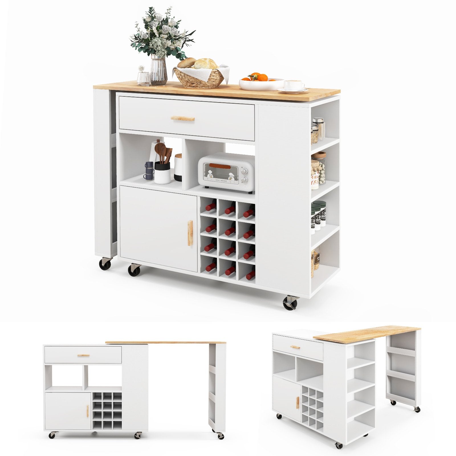 2-in-1 Kitchen Island Cart with Rubber Wood Top-White