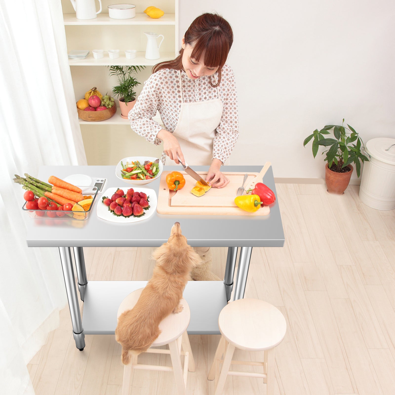 Kitchen Table with Height Adjustable Shelf and Adjustable Feet-61 x 91 cm