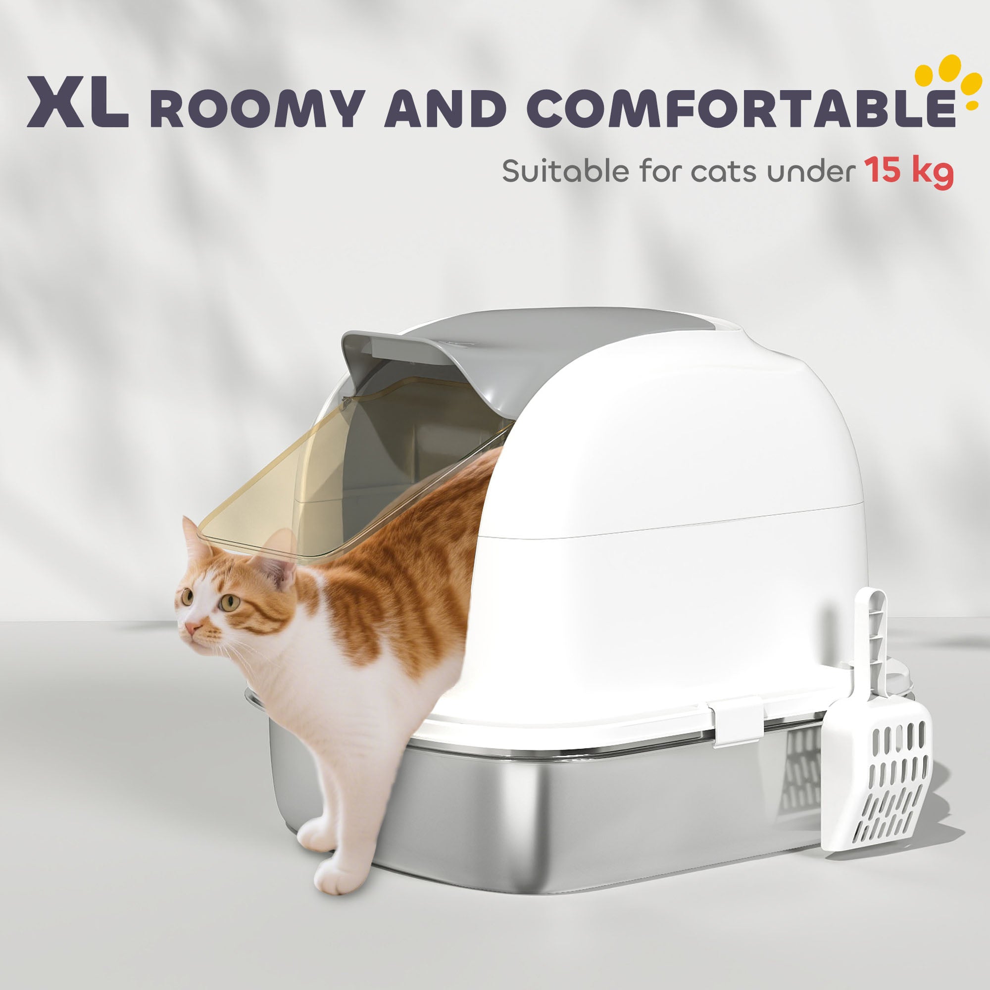PawHut Stainless Steel Cat Litter Box with Lid, for Cats, Enclosed Cat Litter Box with Flip Cover, Scoop