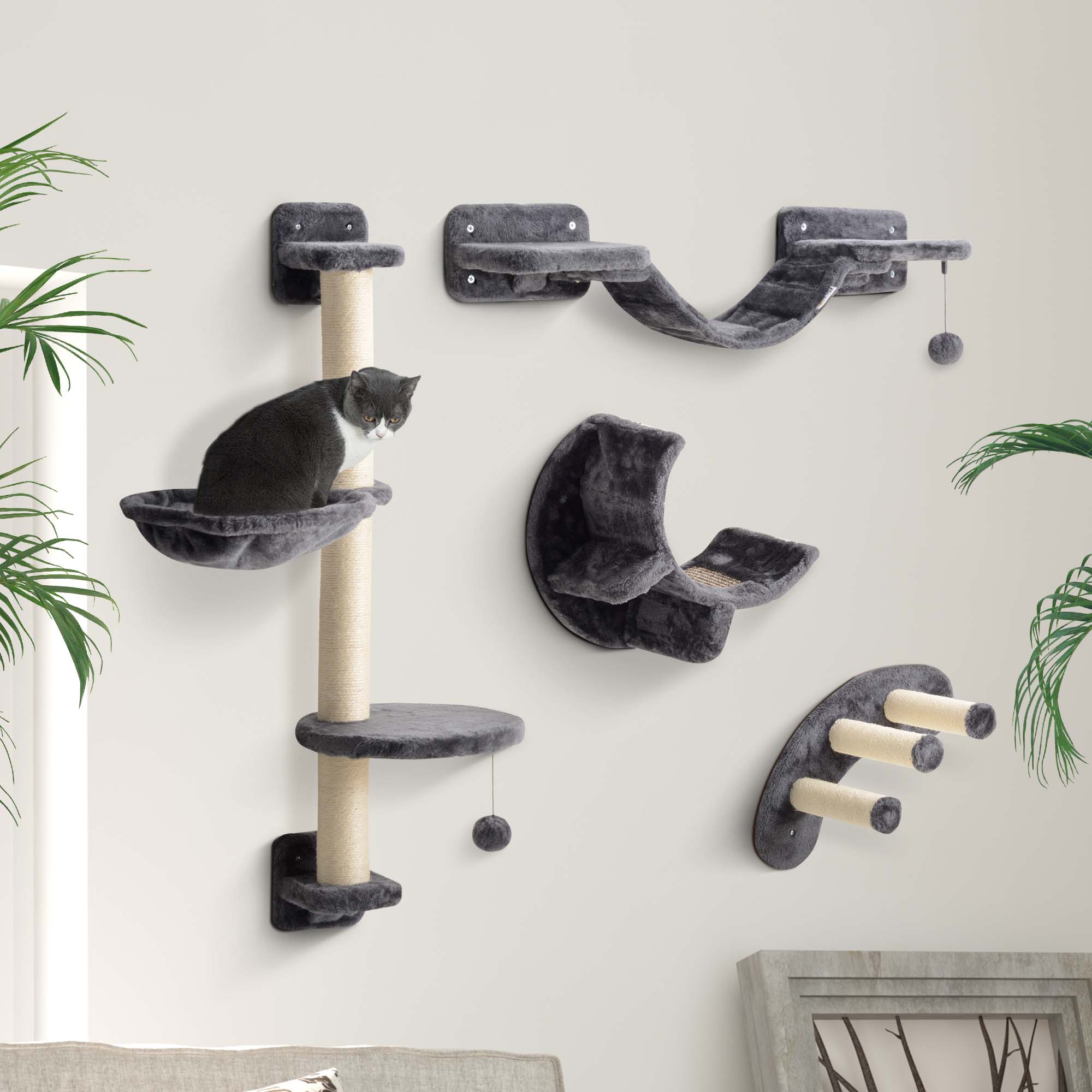 PawHut Four-Piece Cat Wall Furniture, with Hammock, Ladder, Platforms, Steps, for Indoor Use - Dark Grey