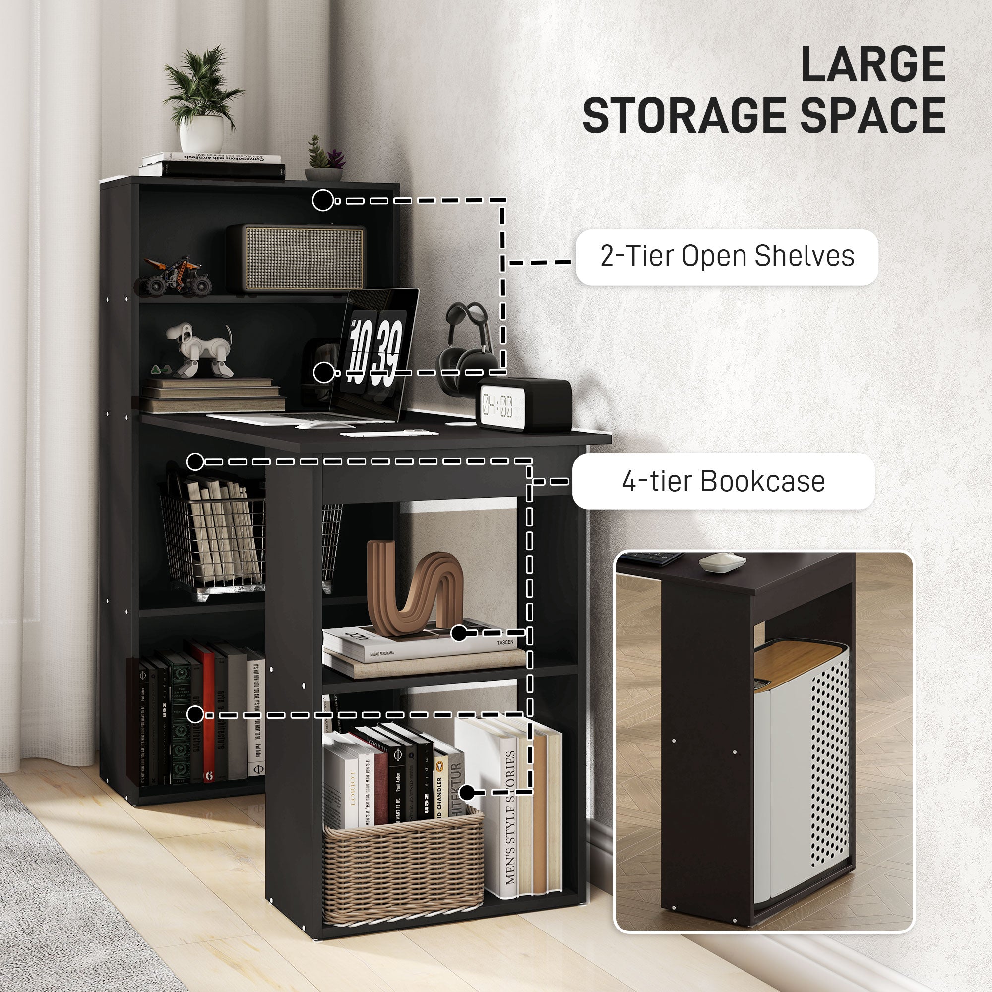 HOMCOM 120cm Computer Desk, Wooden PC Laptop Table with 6-Tier Storage Bookshelves, Home Office Working Study Desk, Writing Workstation, Black