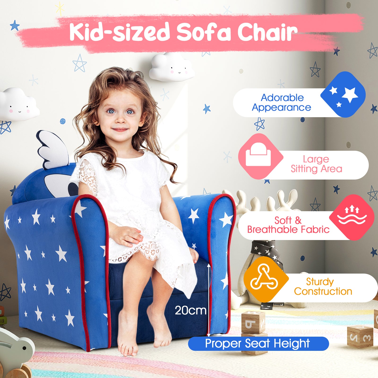 Kids Armchair with Soft Cushion and Cute Pattern-Blue