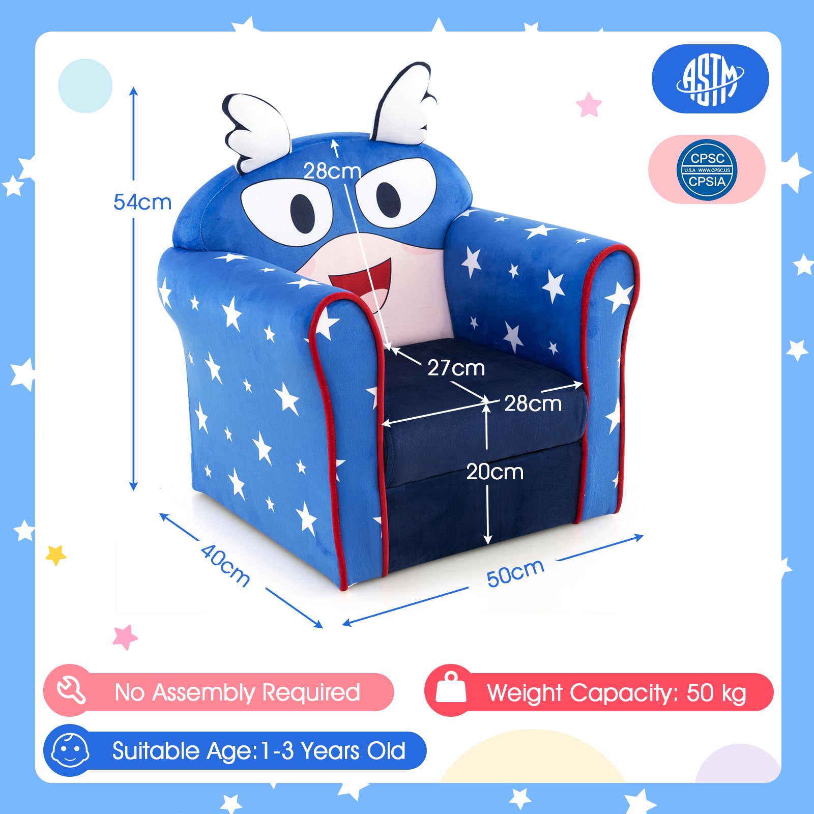 Kids Armchair with Soft Cushion and Cute Pattern-Blue