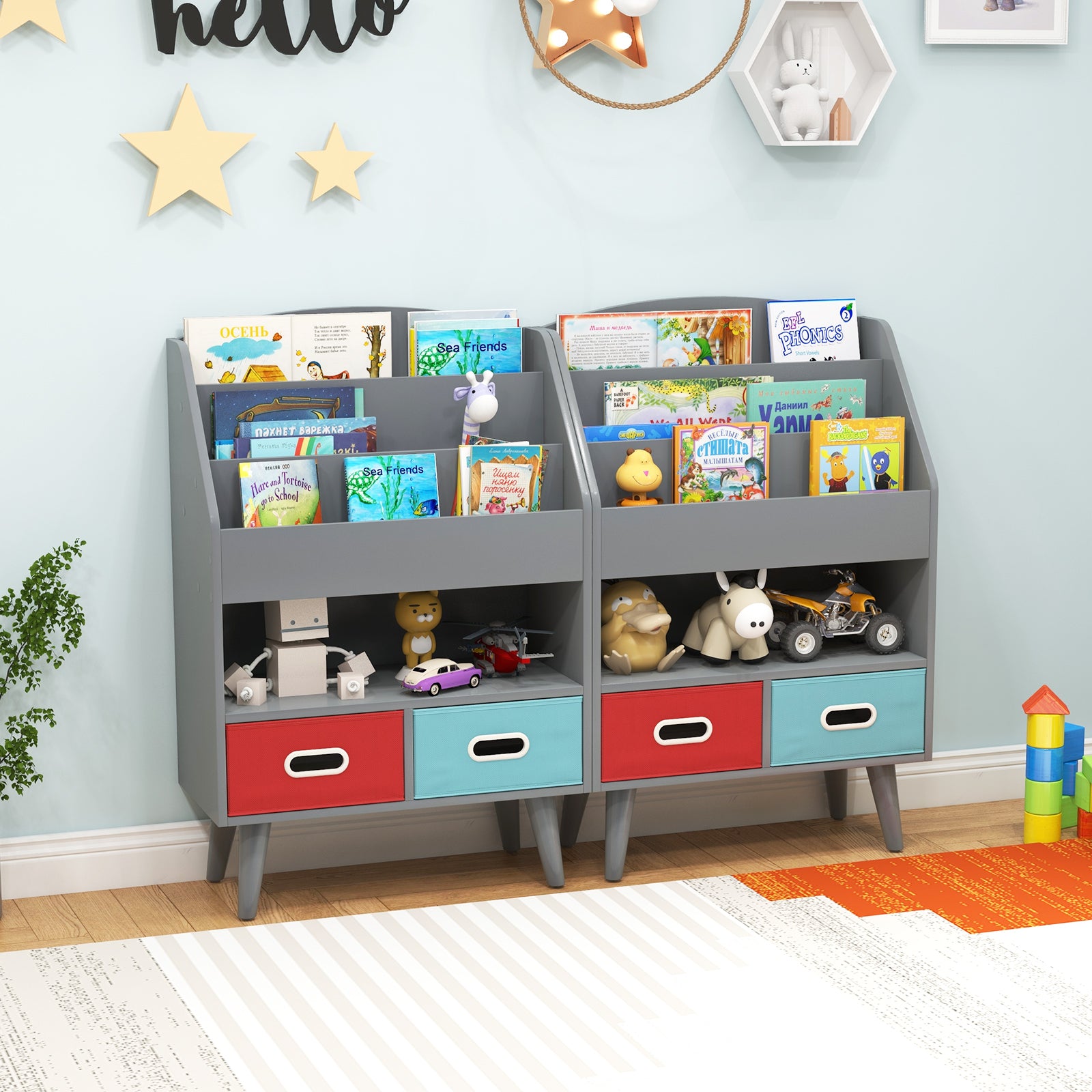 Kids Bookshelf Wooden Book Display Rack with 3-Tier Bookshelves-Grey