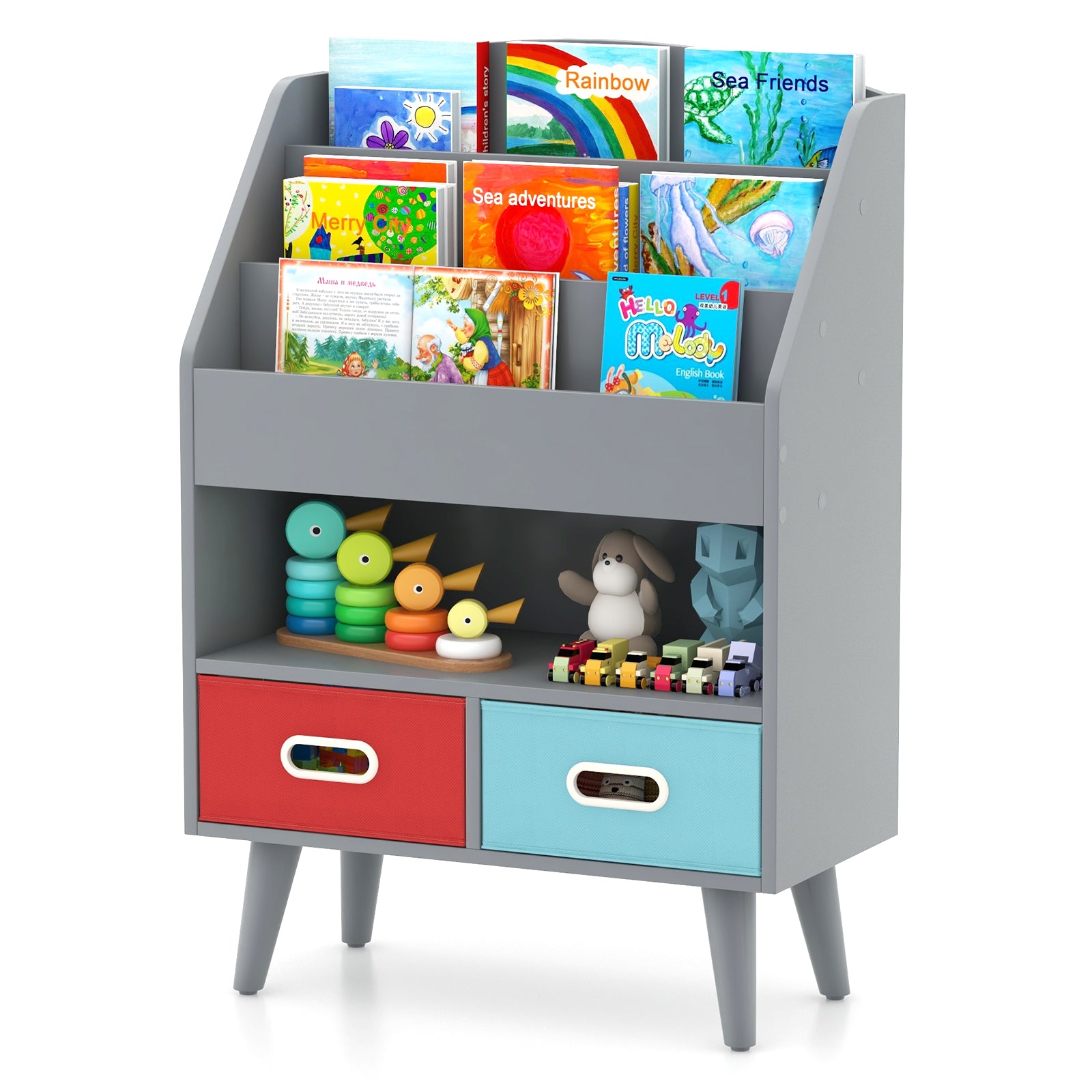 Kids Bookshelf Wooden Book Display Rack with 3-Tier Bookshelves-Grey