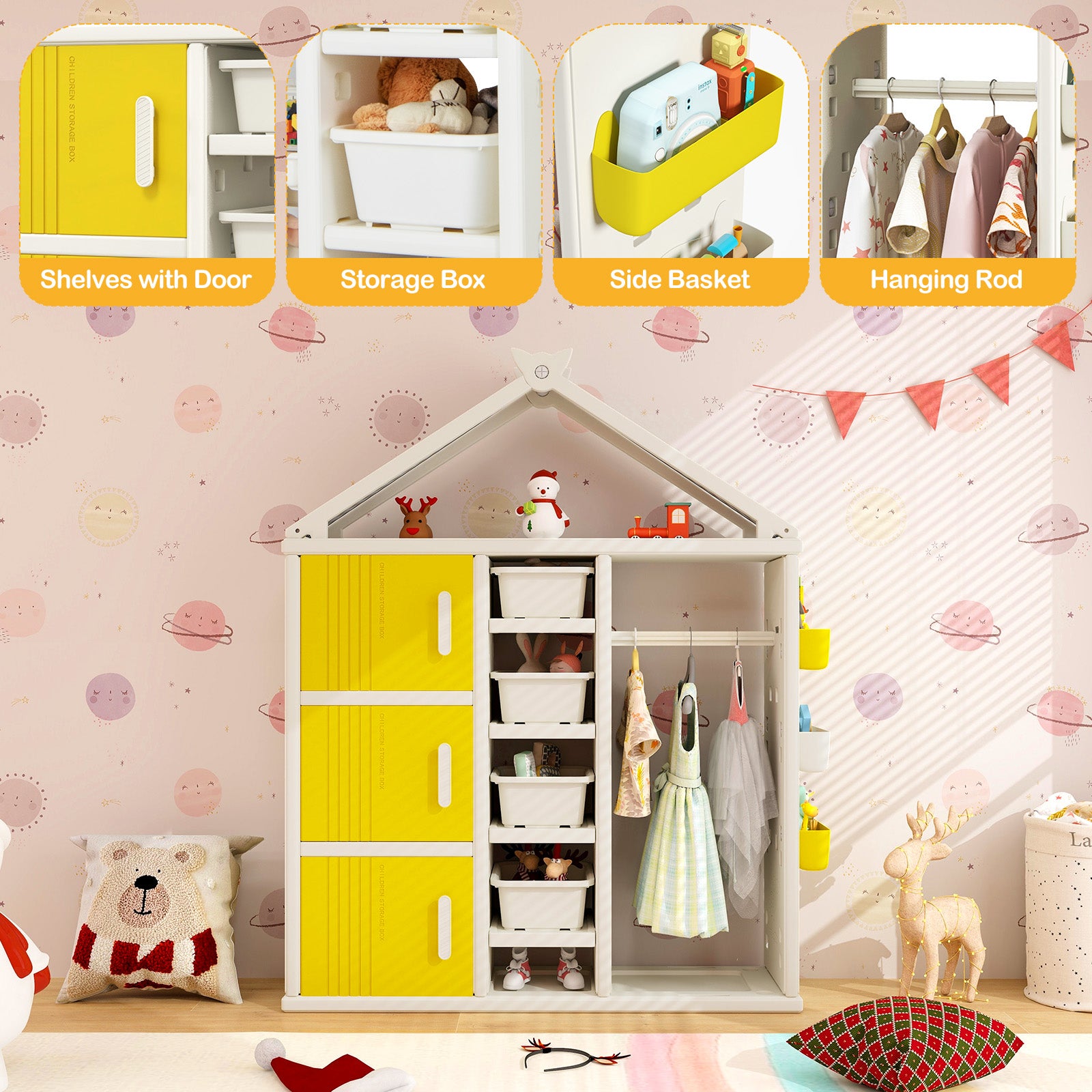 Kids Costume Storage Closet with Storage Bin-Yellow