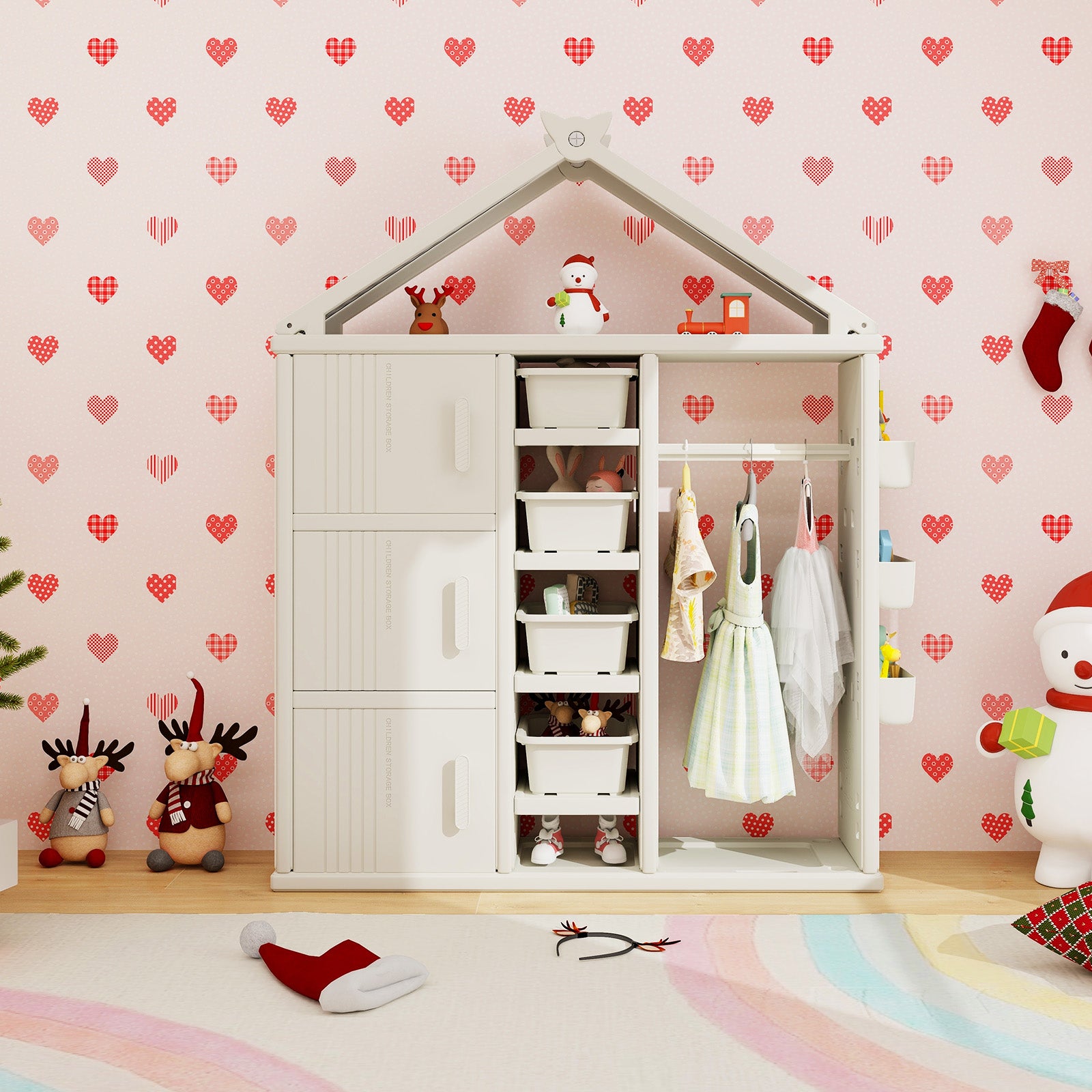 Kids Costume Storage Closet with Storage Bin-White
