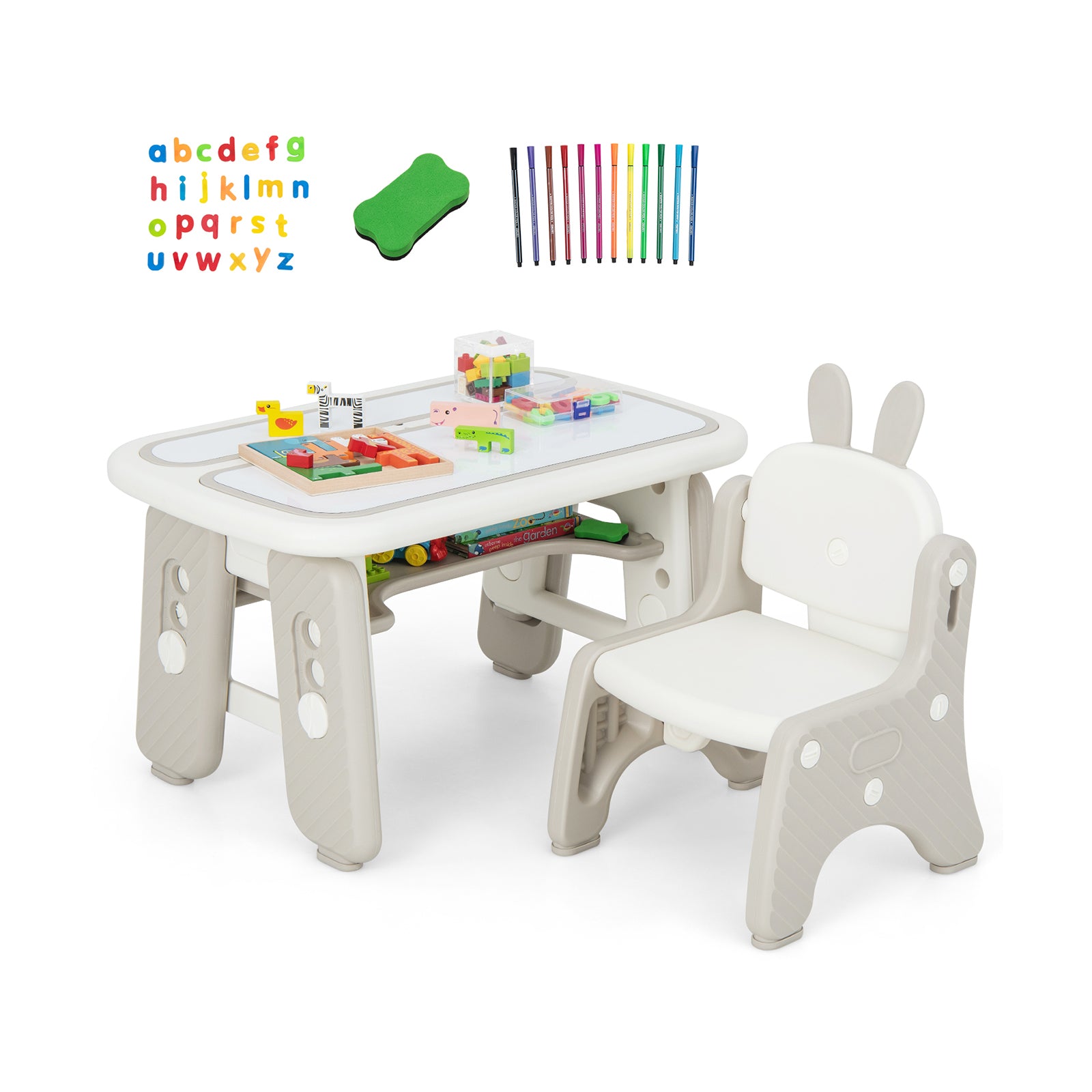Kids Drawing Table and Chair Set with Flip-Top Tabletop Bookshelf-Grey