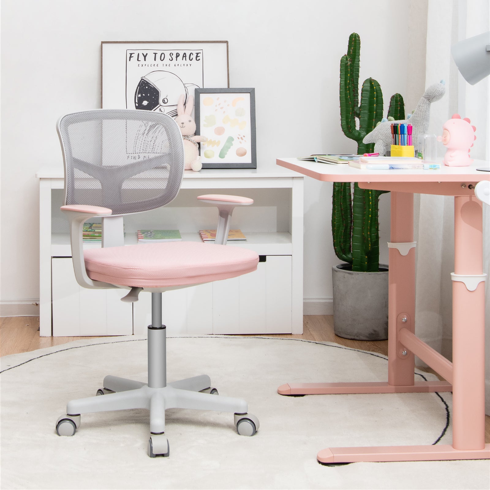 Kids Height-Adjustable Swivel Computer Desk Chair with Lumbar Support-Pink
