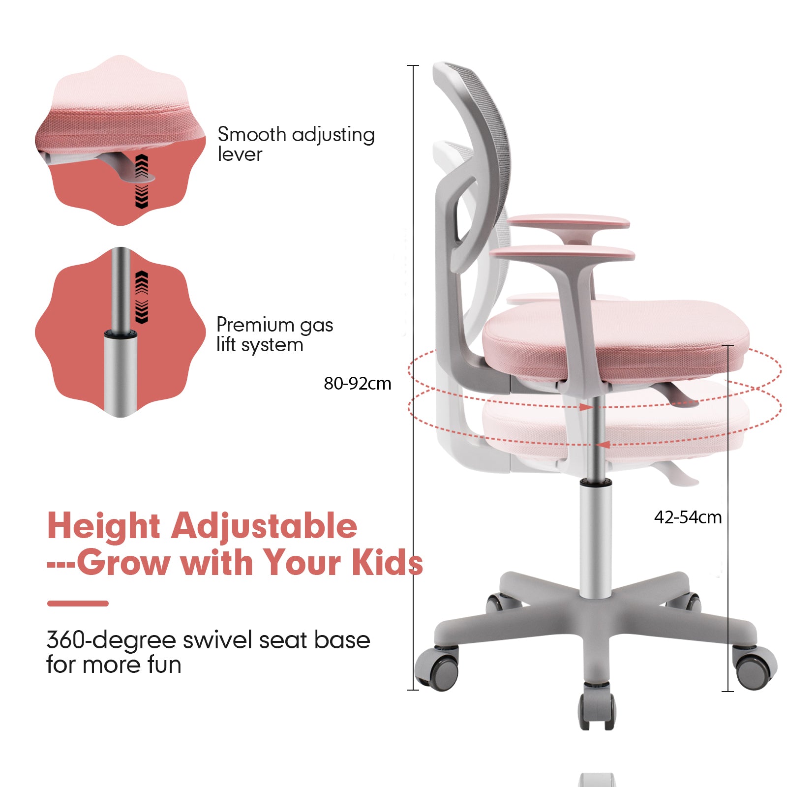 Kids Height-Adjustable Swivel Computer Desk Chair with Lumbar Support-Pink