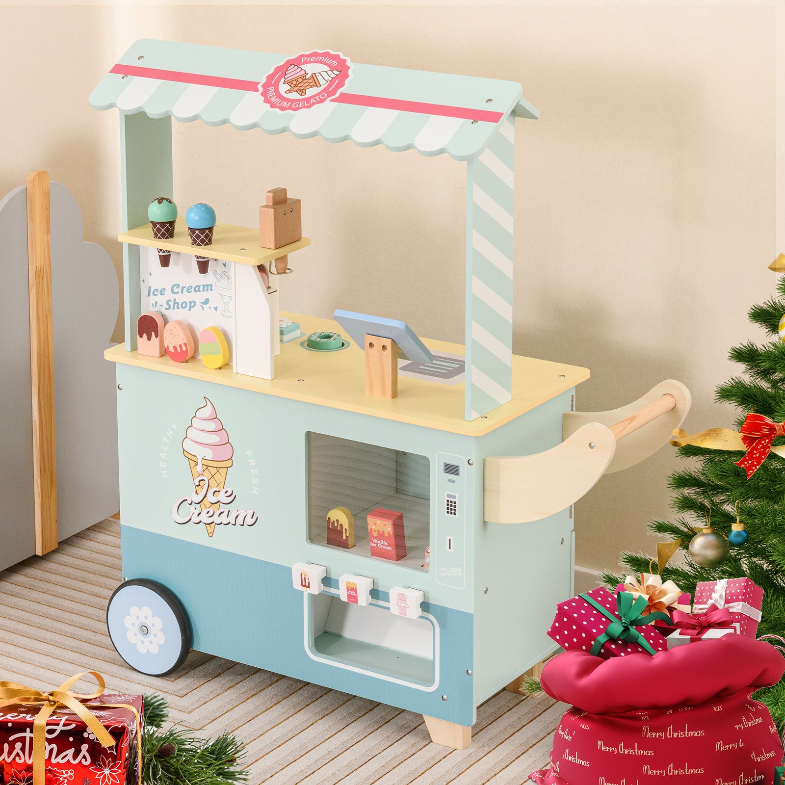 Kids Ice Cream Cart Truck Pretend Play Set for Toddlers-Green