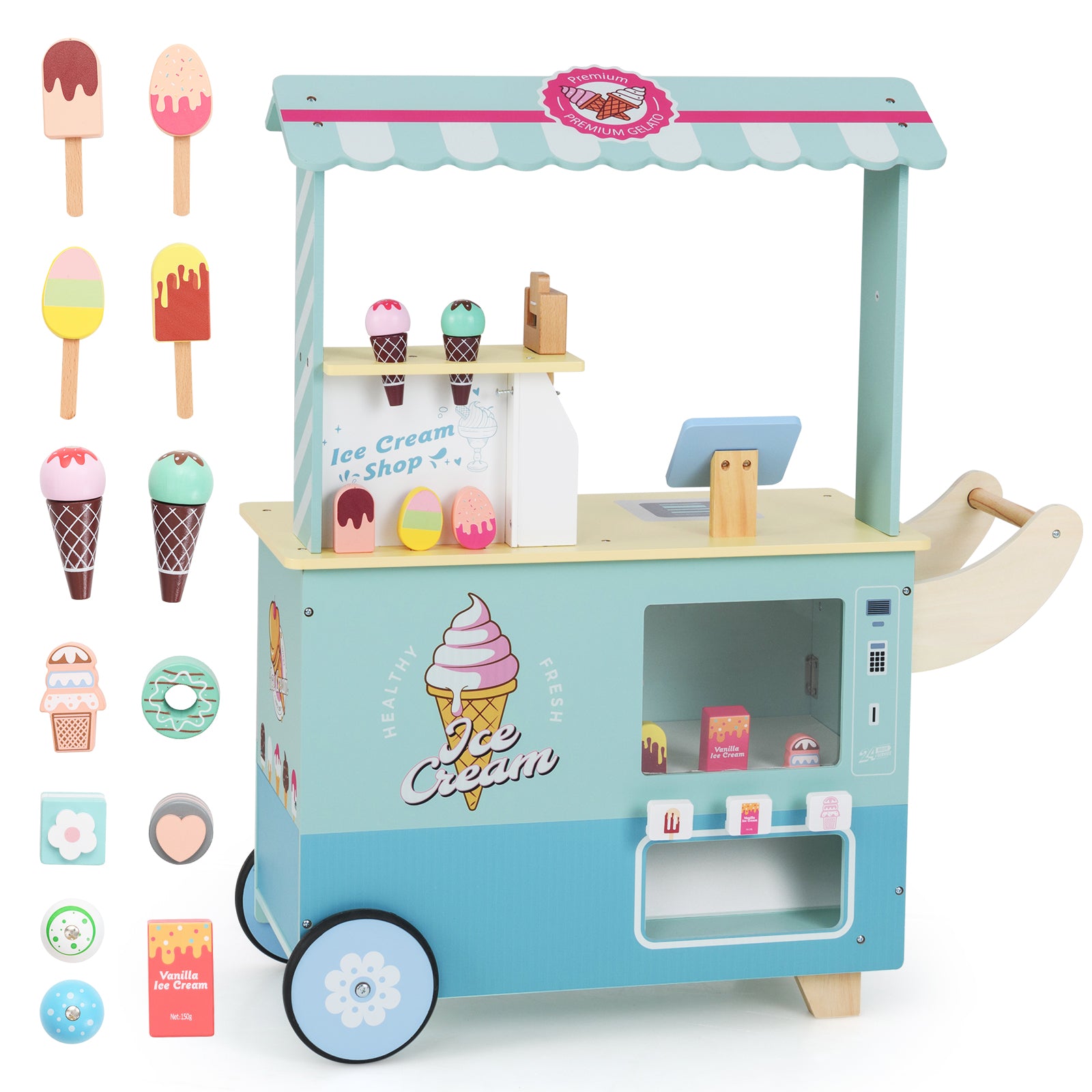 Kids Ice Cream Cart Truck Pretend Play Set for Toddlers-Green