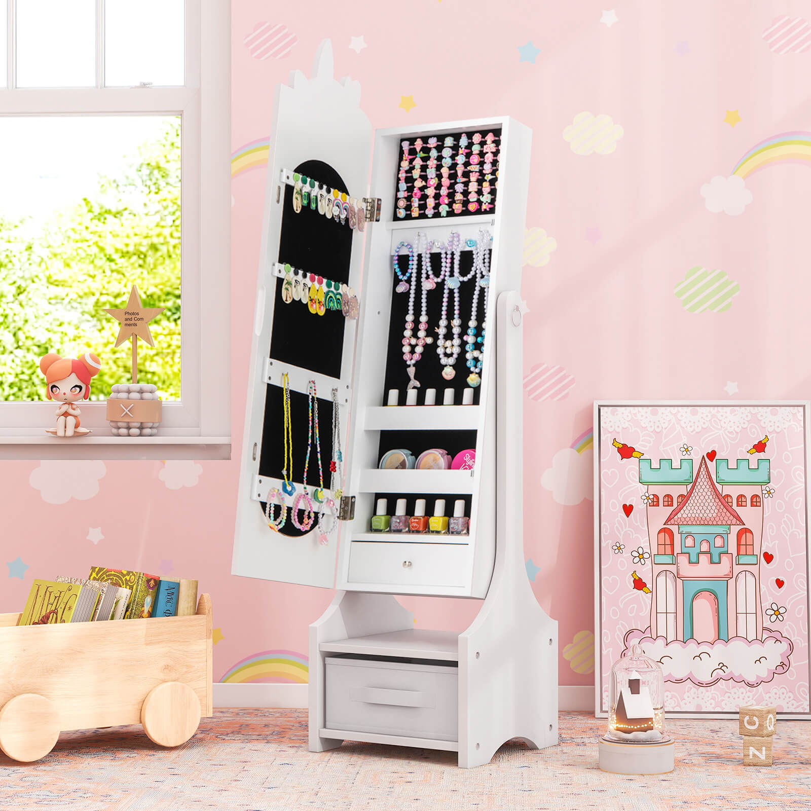 Kids Jewelry Armoire Cabinet Full Length Mirror with Tilt Angles-White