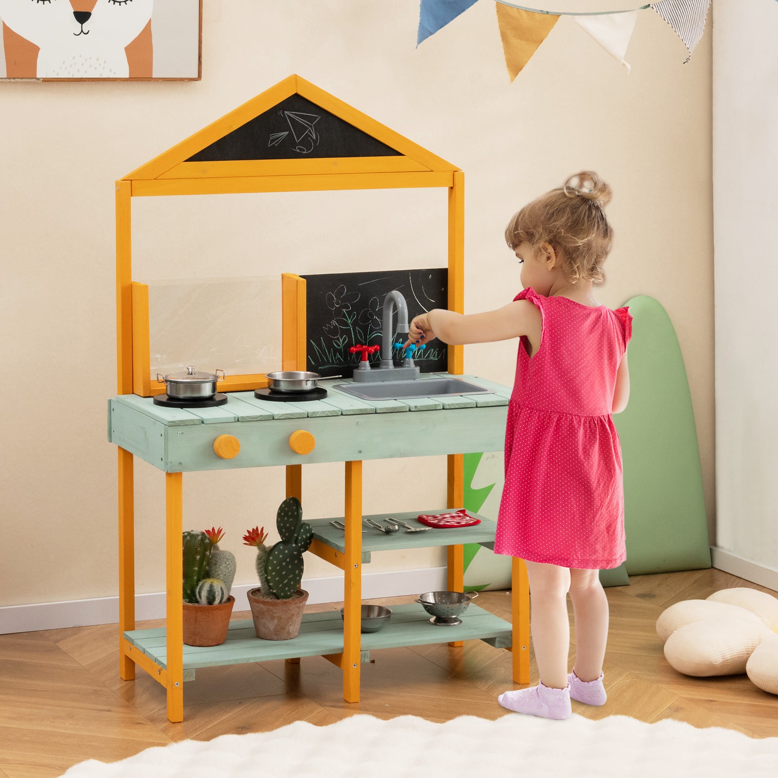 Kids Kitchen Playset with Root Viewer Planter Rotatable Faucet-green