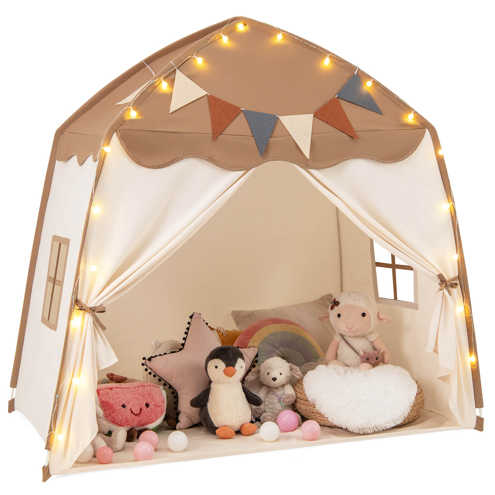 Kids Play Tent Bed Tent Extra Large with Lights for 3-12 Years Old-Coffee