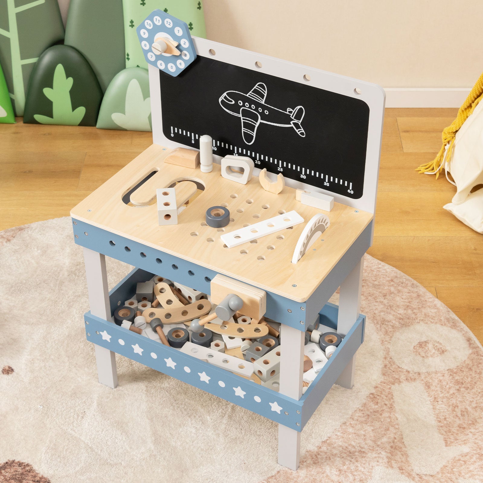 Kids Wooden Play Workbench with Blackboard and Tool Parts Set-Blue