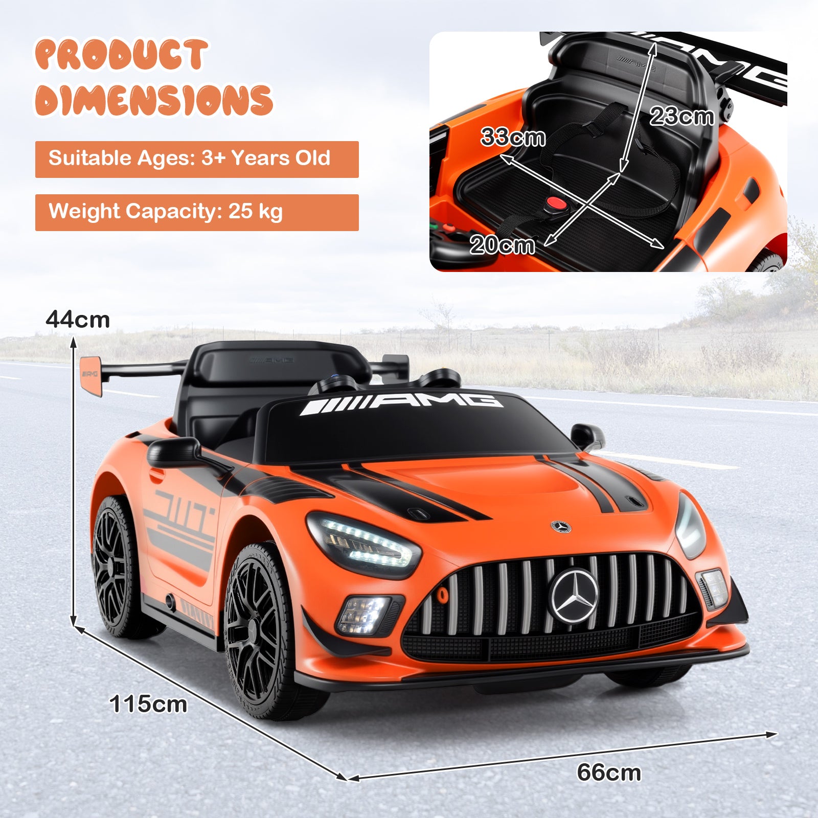 12V Kids Powered Ride on Car Benz GT3 with Spoiler and Remote Control-Orange