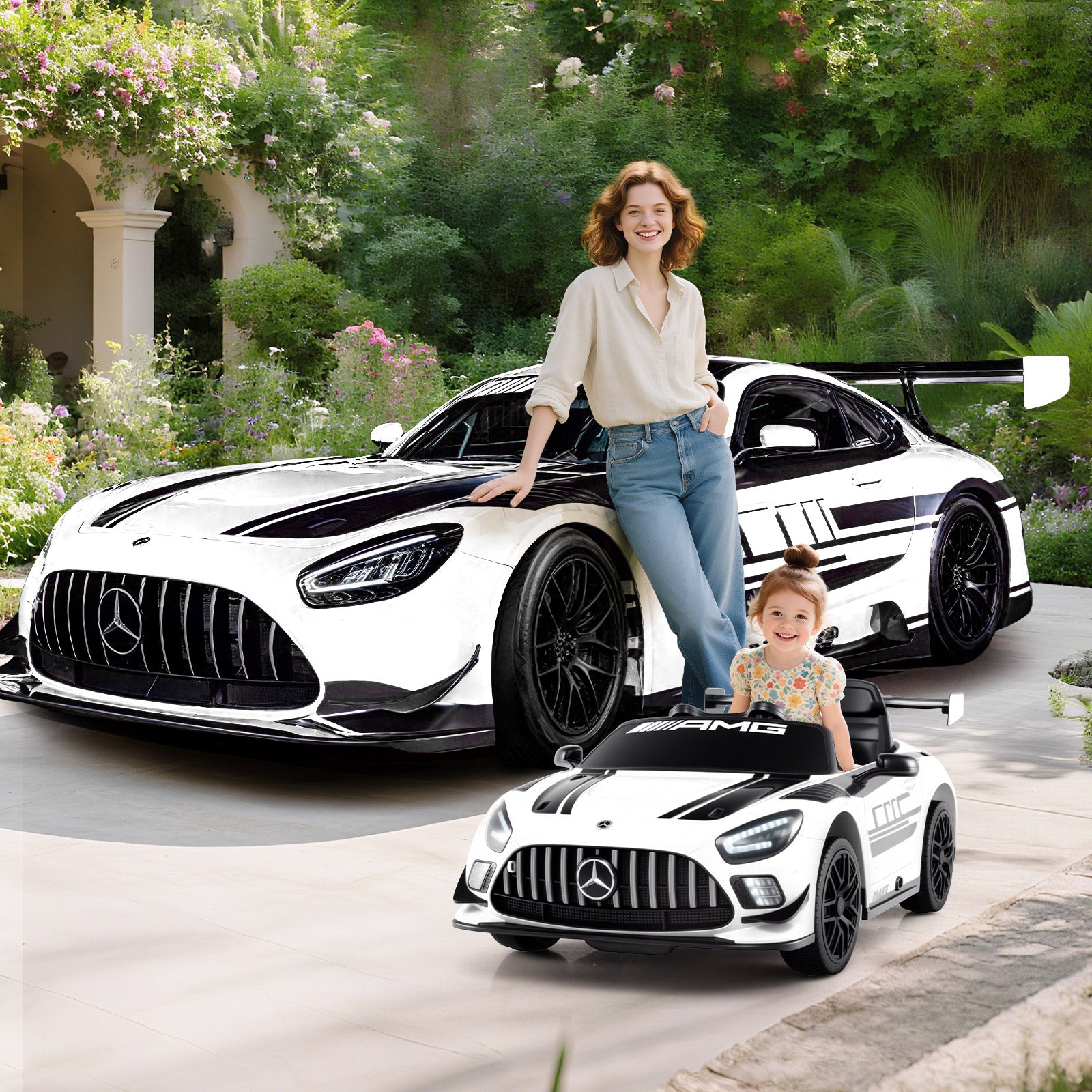 12V Kids Powered Ride on Car Benz GT3 with Spoiler and Remote Control-White
