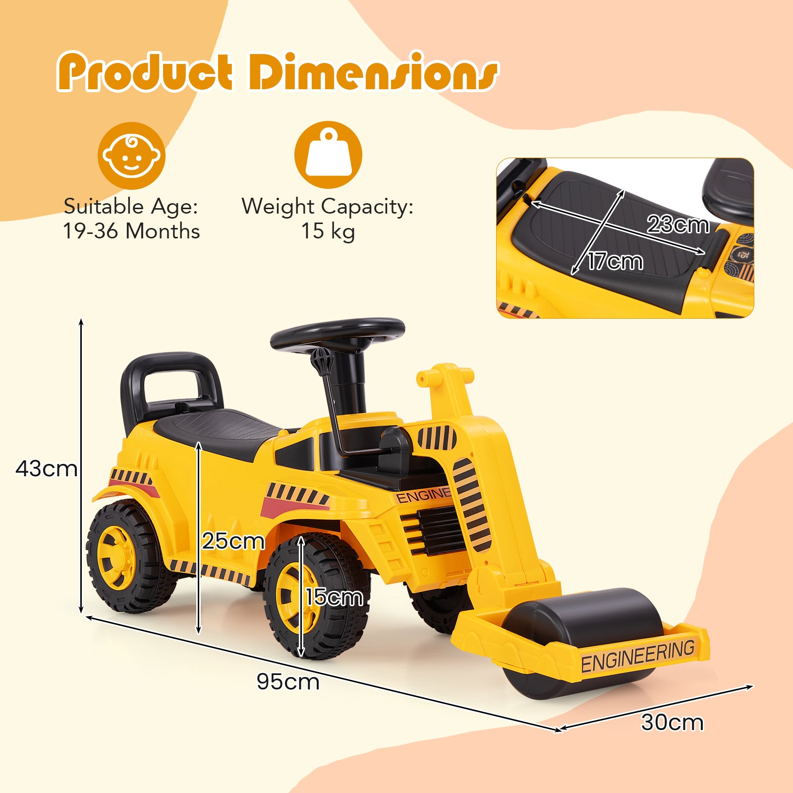 Kids Ride on Road Roller with Adjustable Roller and Anti-Tipping Block-Yellow