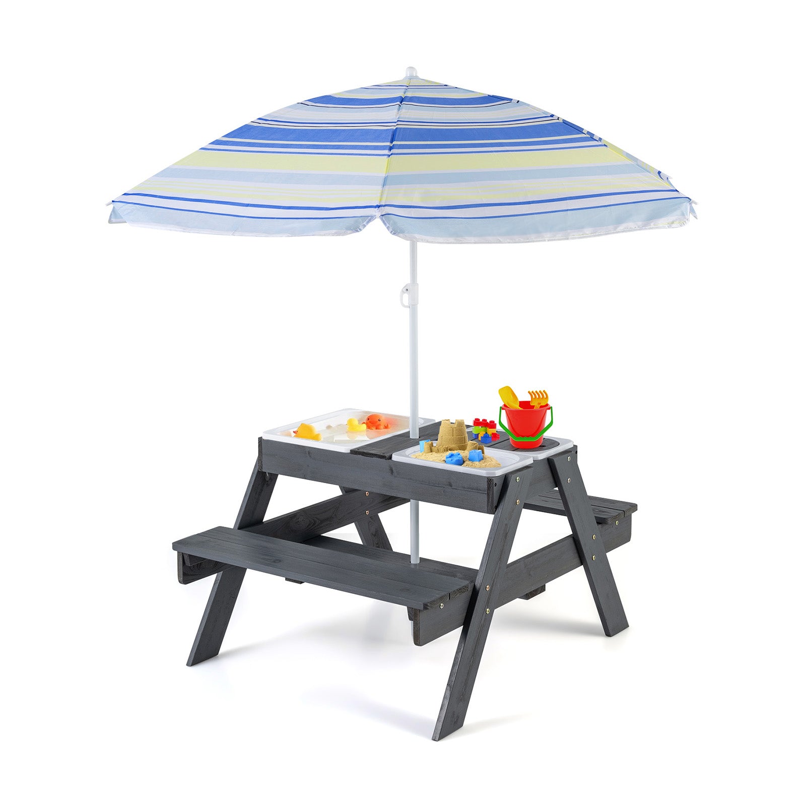 Kids 4-in-1 Sand and Water Table with Removable Boxes and Umbrella-Grey