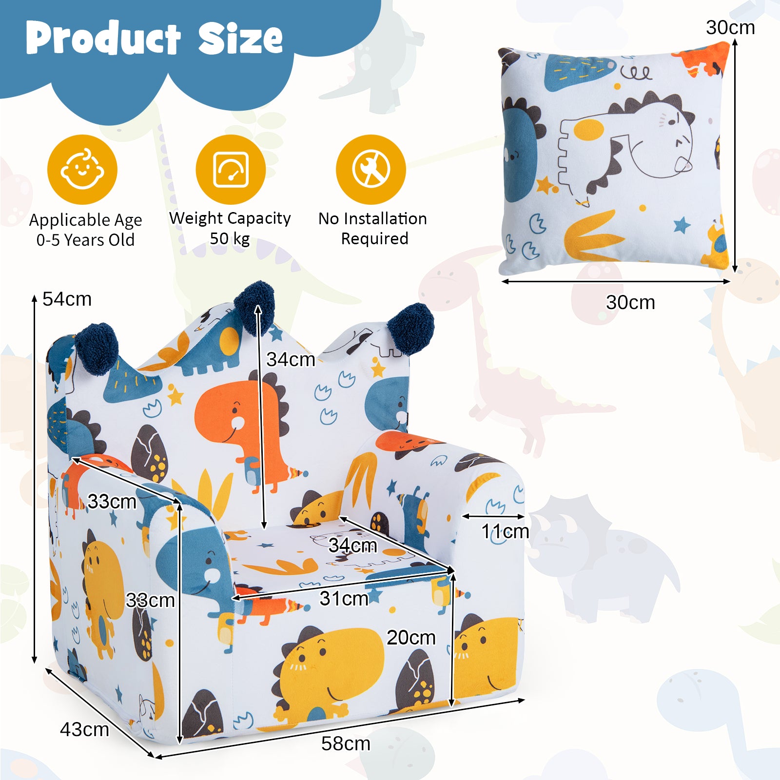 Kids Sofa Chair Foam Filled Armchair with Extra Padded Pillow-Orange