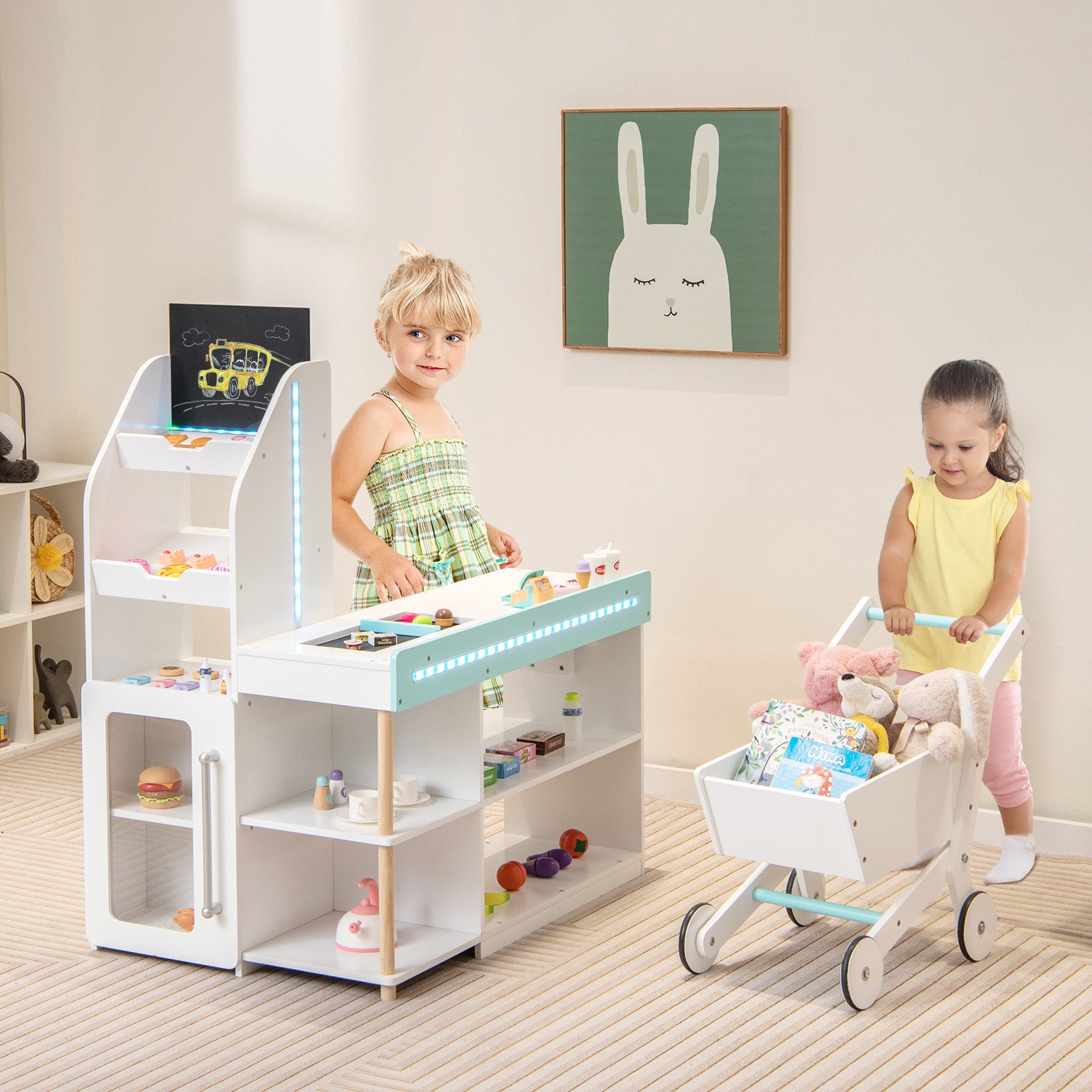 Kids Supermarket Shopping Set with Shopping Cart and Cash Register-White
