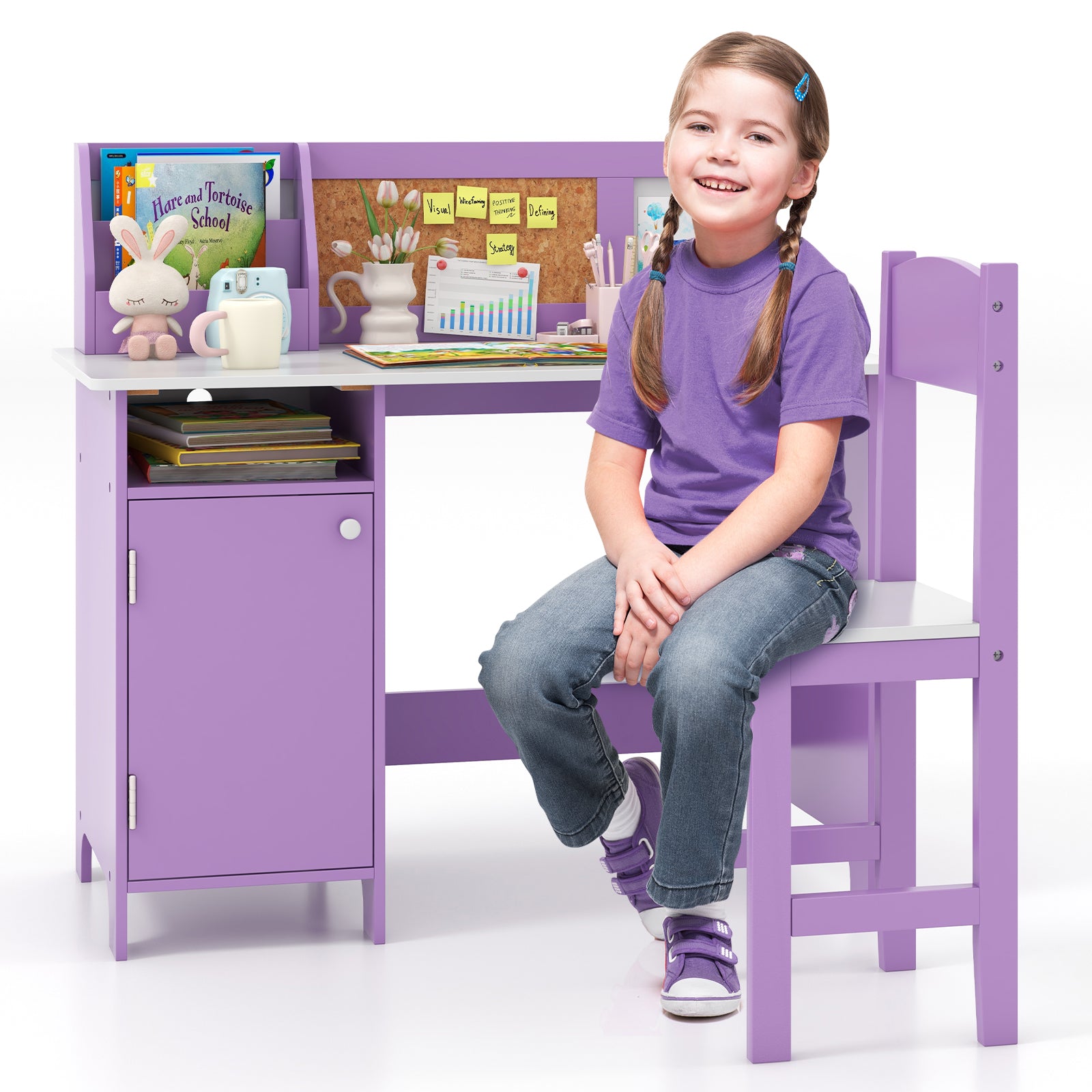 Kids Table and Chair Set with Hutch and Cabinet-Purple