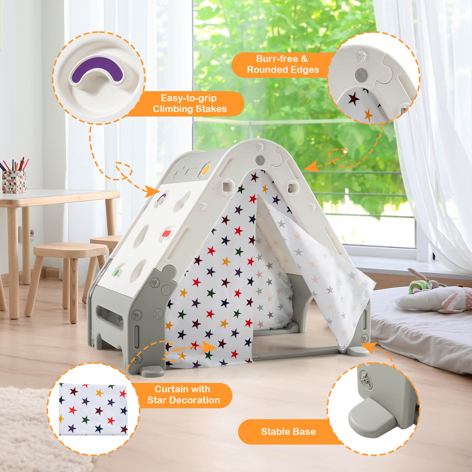 Kids Triangle Climber with Tent Cover and White Board-Grey
