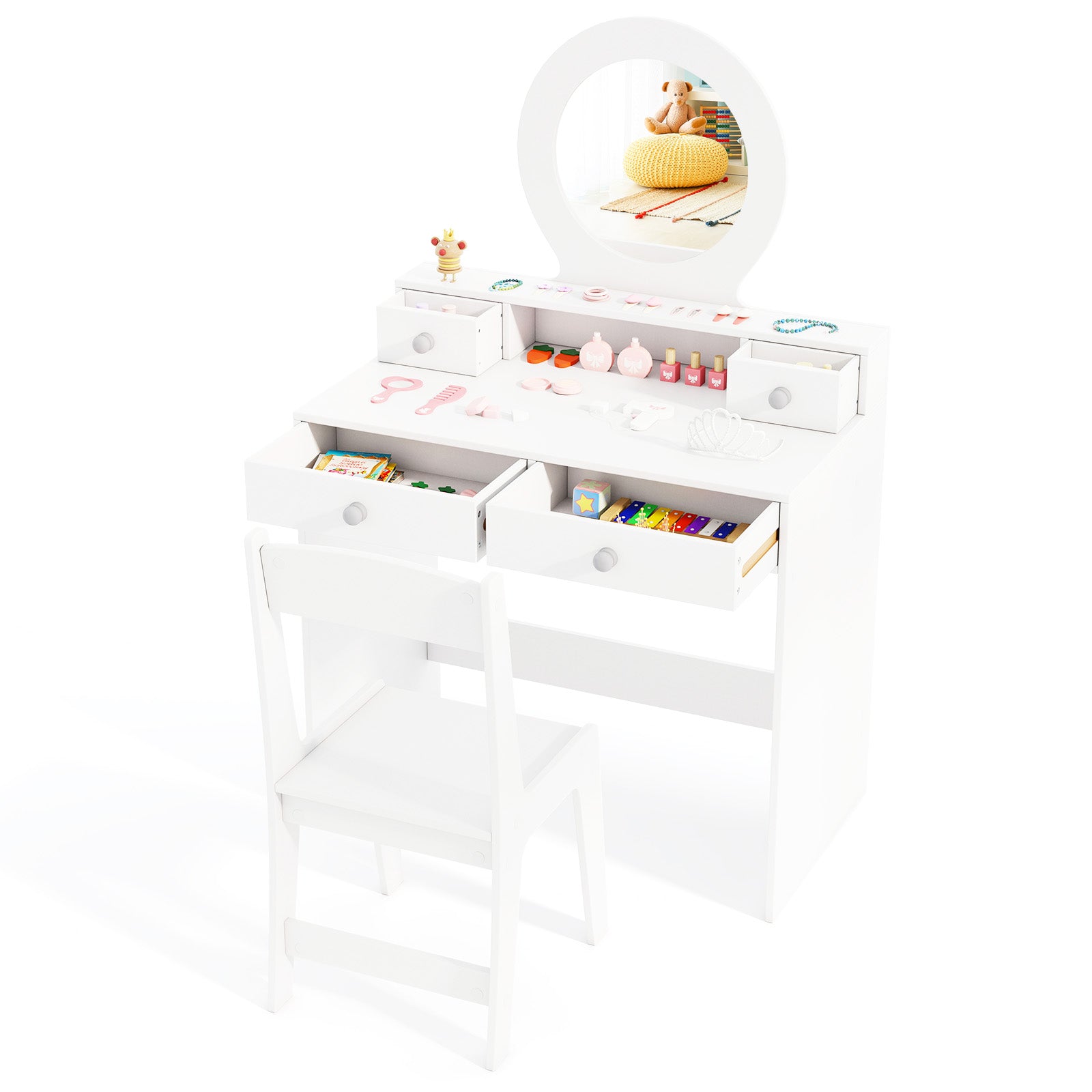 Kids Vanity Set with Open Shelf and 4 Storage Drawers-White