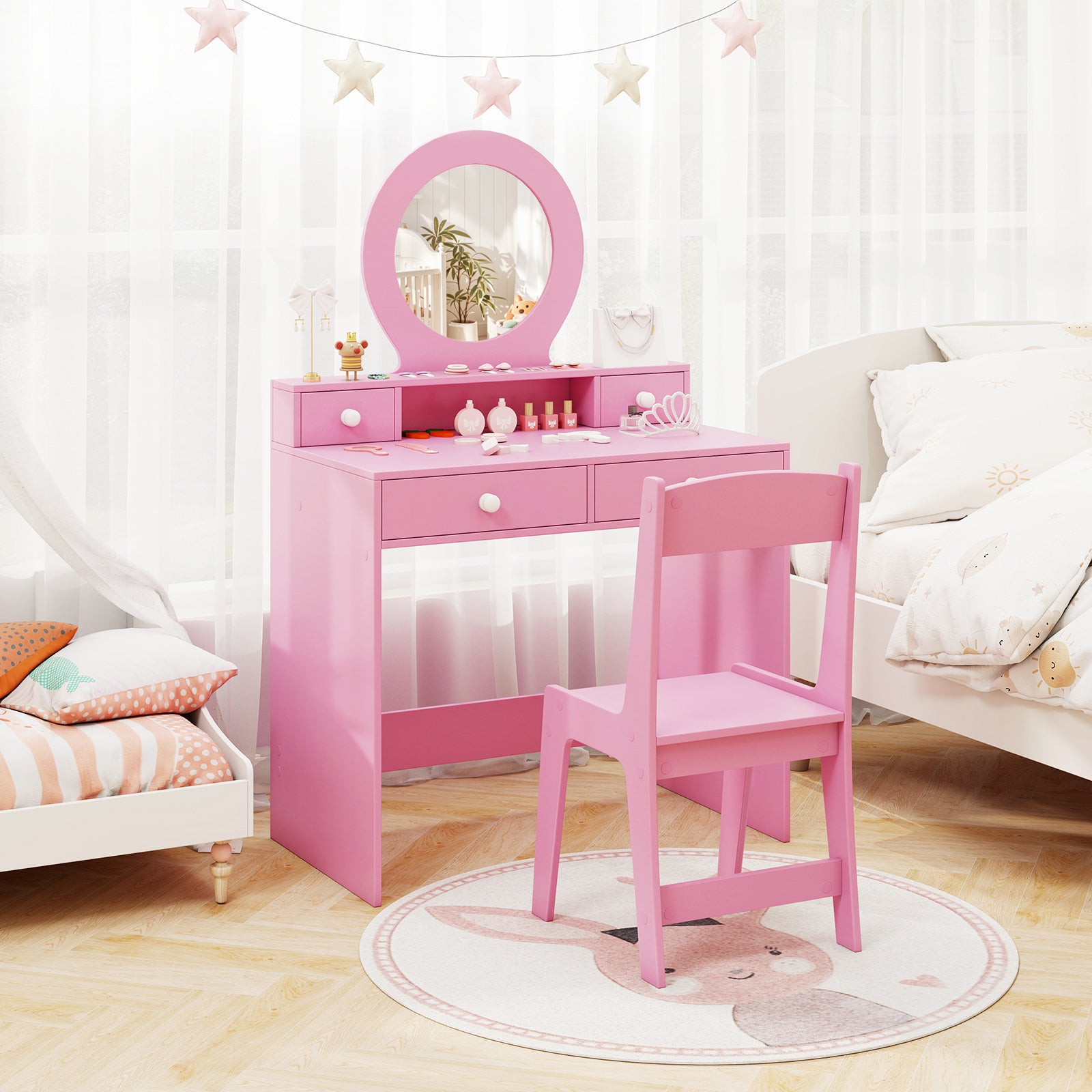 Kids Vanity Set with Open Shelf and 4 Storage Drawers-Pink