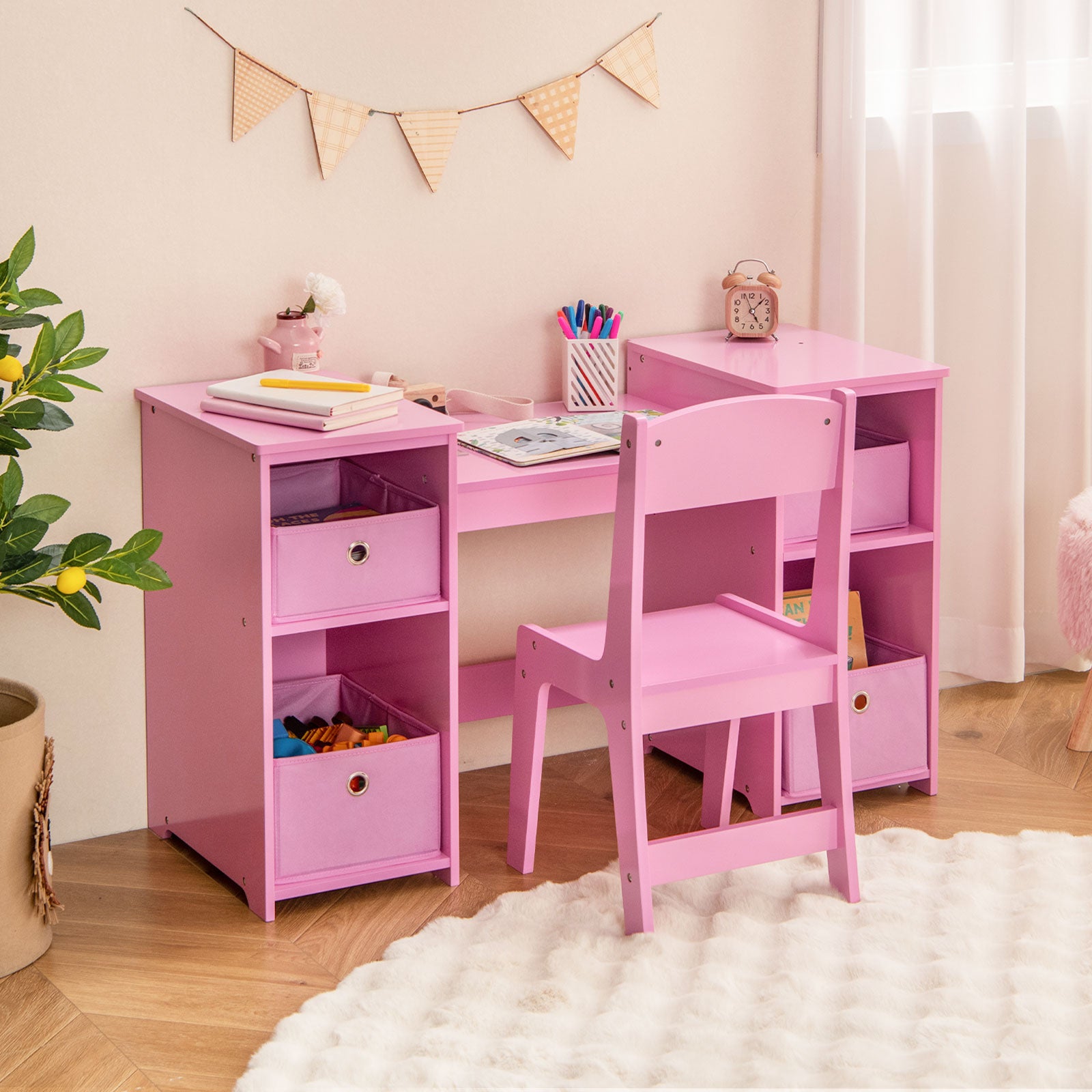 Kids Vanity Table and Chair Set with 3 Removable Mirrors and 4 Storage Bins for Children-Pink