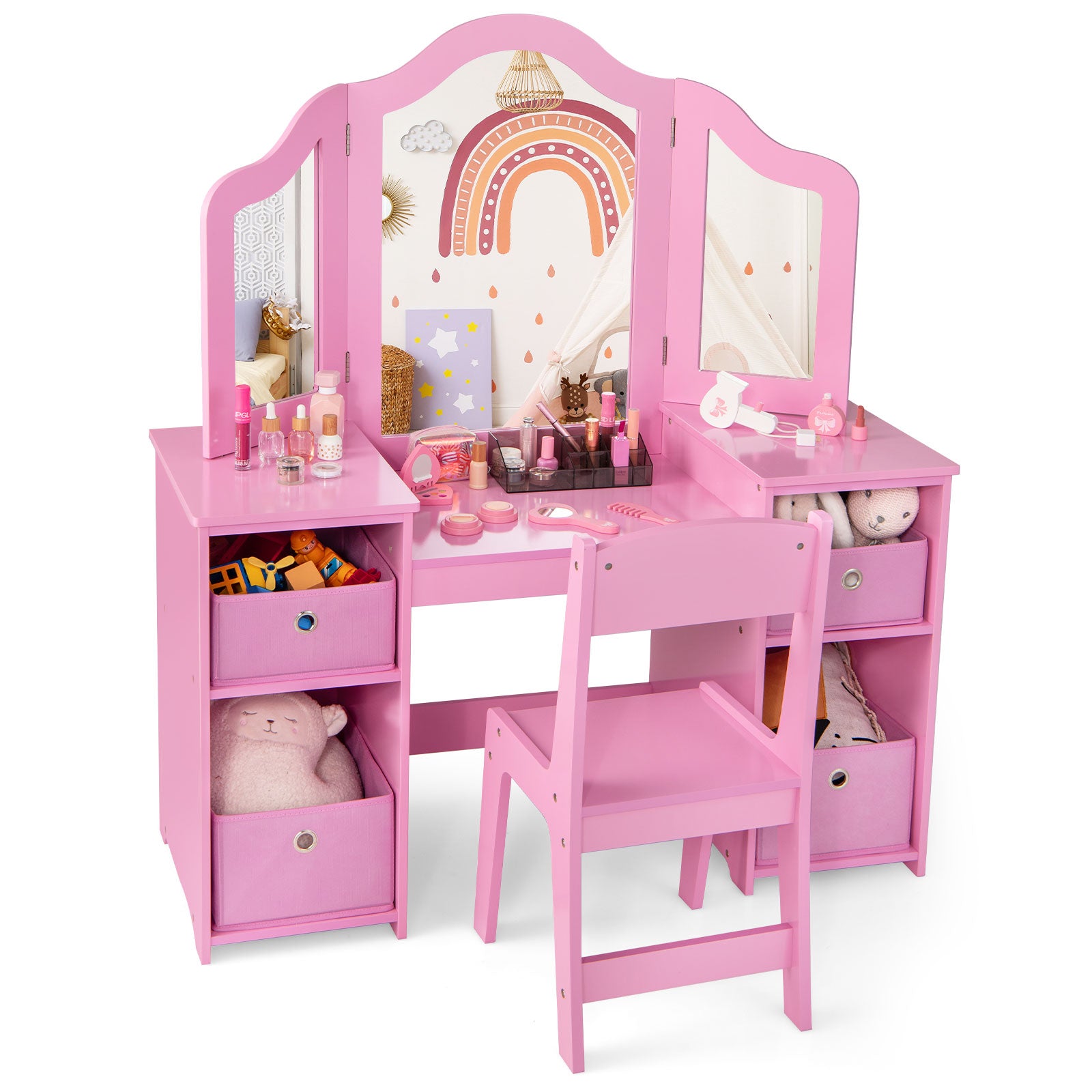 Kids Vanity Table and Chair Set with 3 Removable Mirrors and 4 Storage Bins for Children-Pink