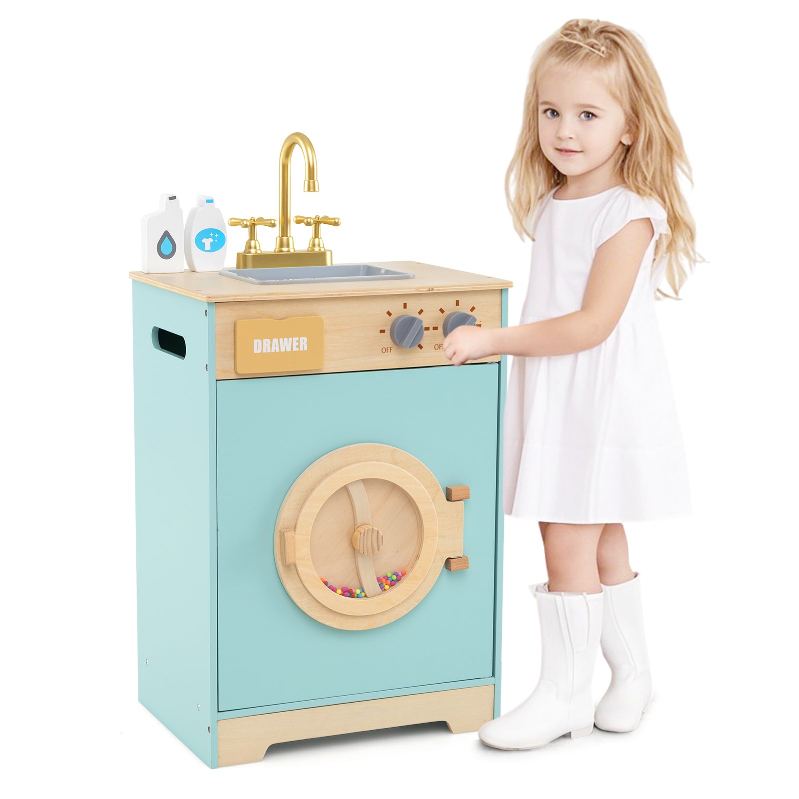 Kids Washer Playset Toy Washing Machine with Laundry Detergent-Blue