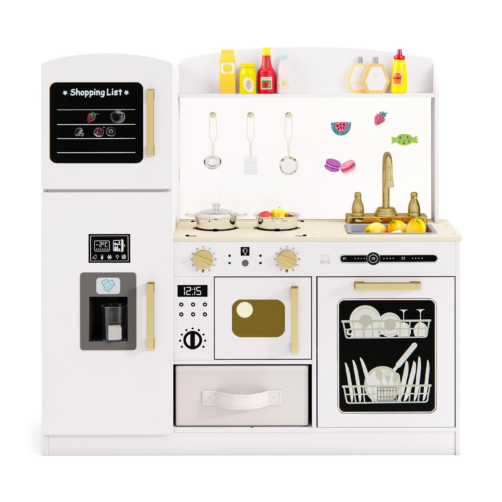 Kids Wooden Kitchen Playset Pretend Play with Chalkboard and Ice Maker-White