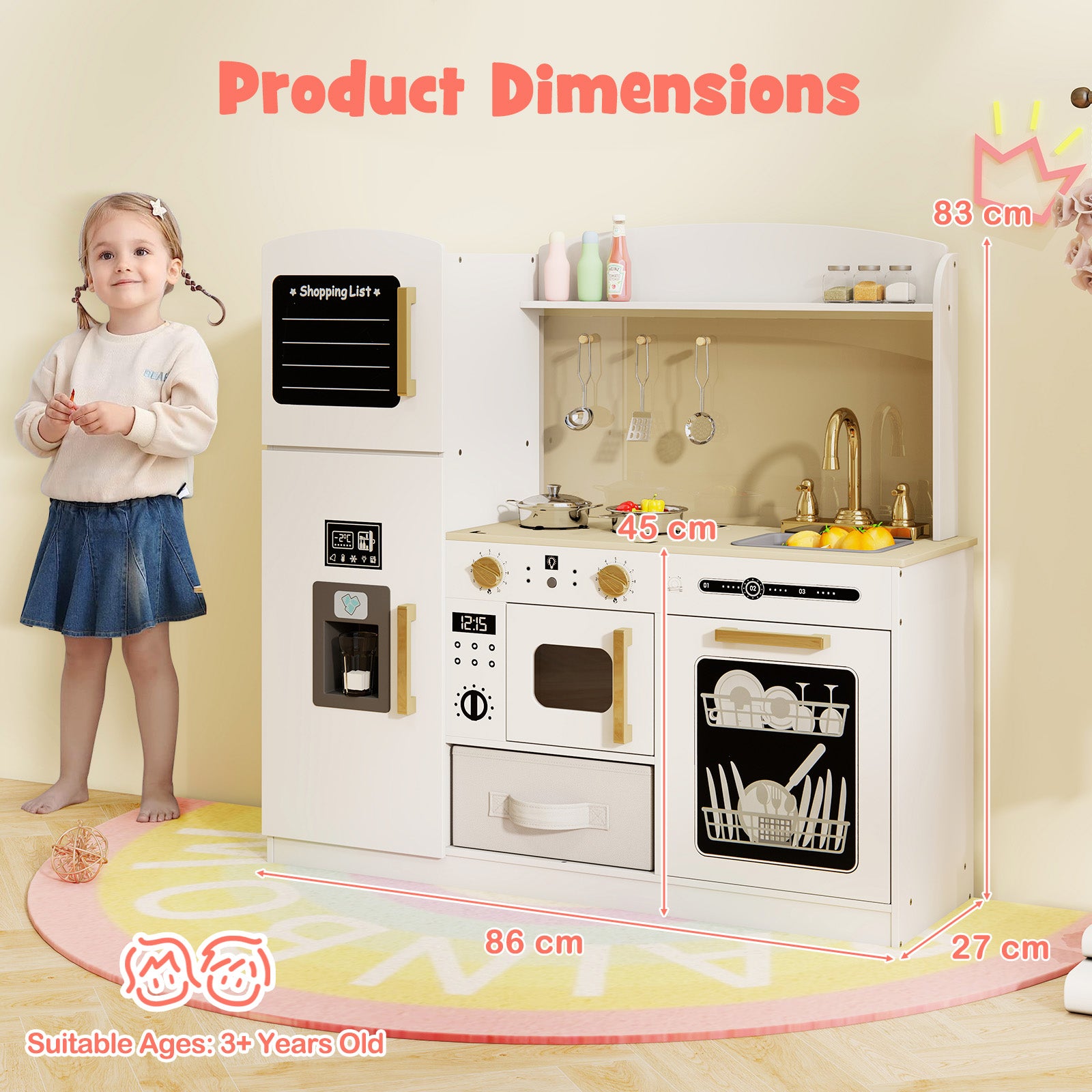 Kids Wooden Kitchen Playset Pretend Play with Chalkboard and Ice Maker-White