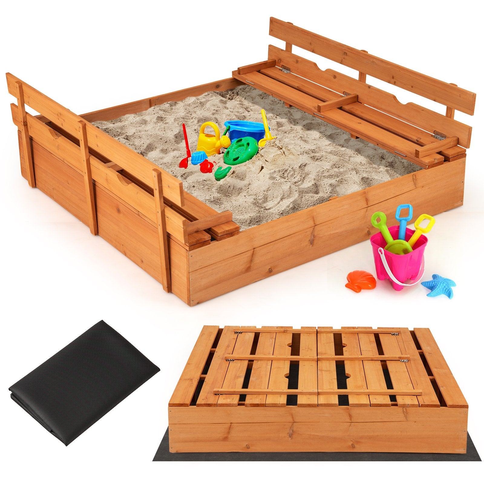 Kids Wooden Sandbox with Cover and Foldable Bench Seats-Natural