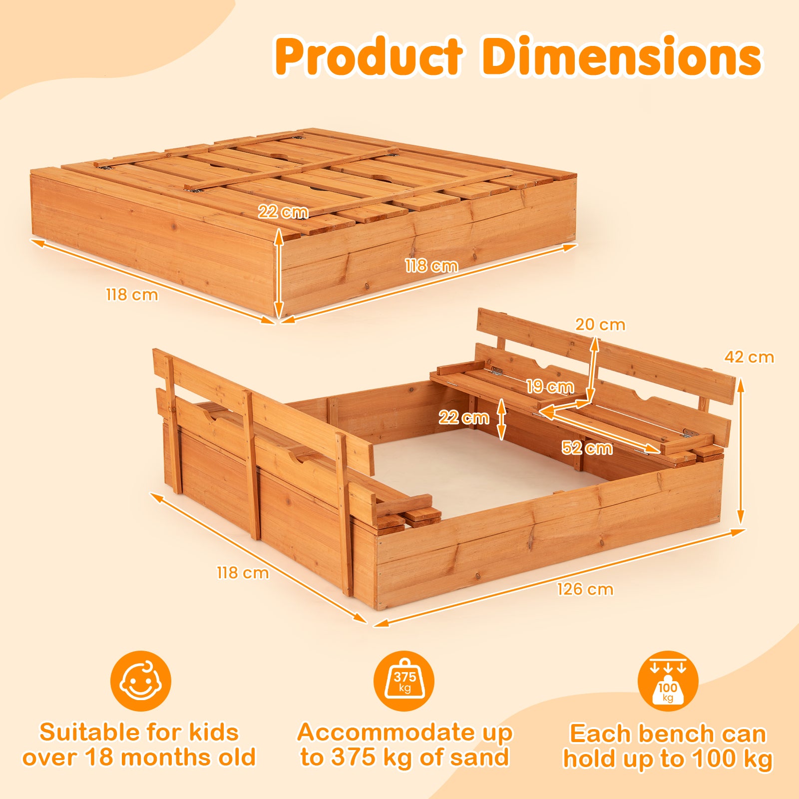 Kids Wooden Sandbox with Cover and Foldable Bench Seats-Natural