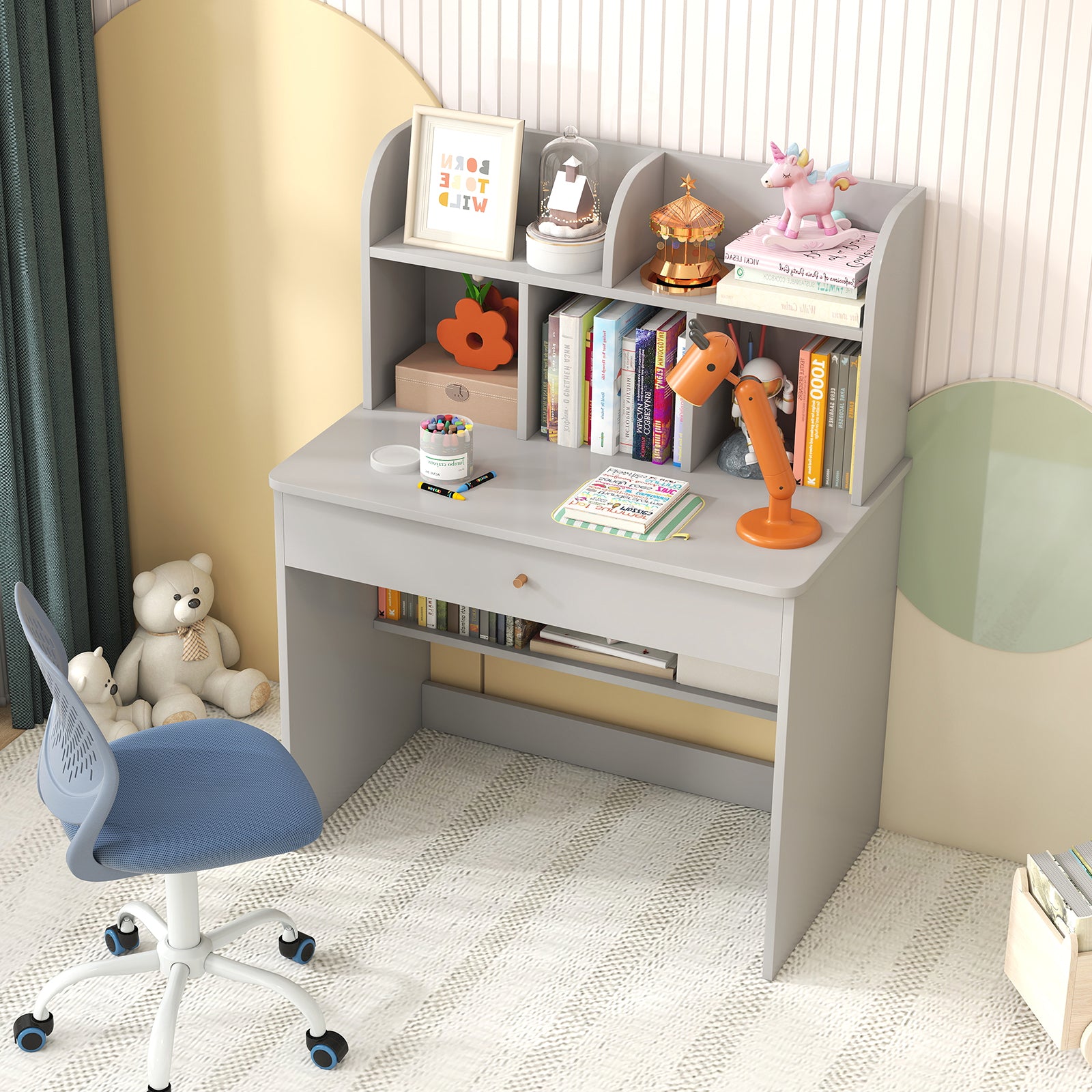 Kids Wooden Study Desk with Drawer and Storage Shelf-Grey