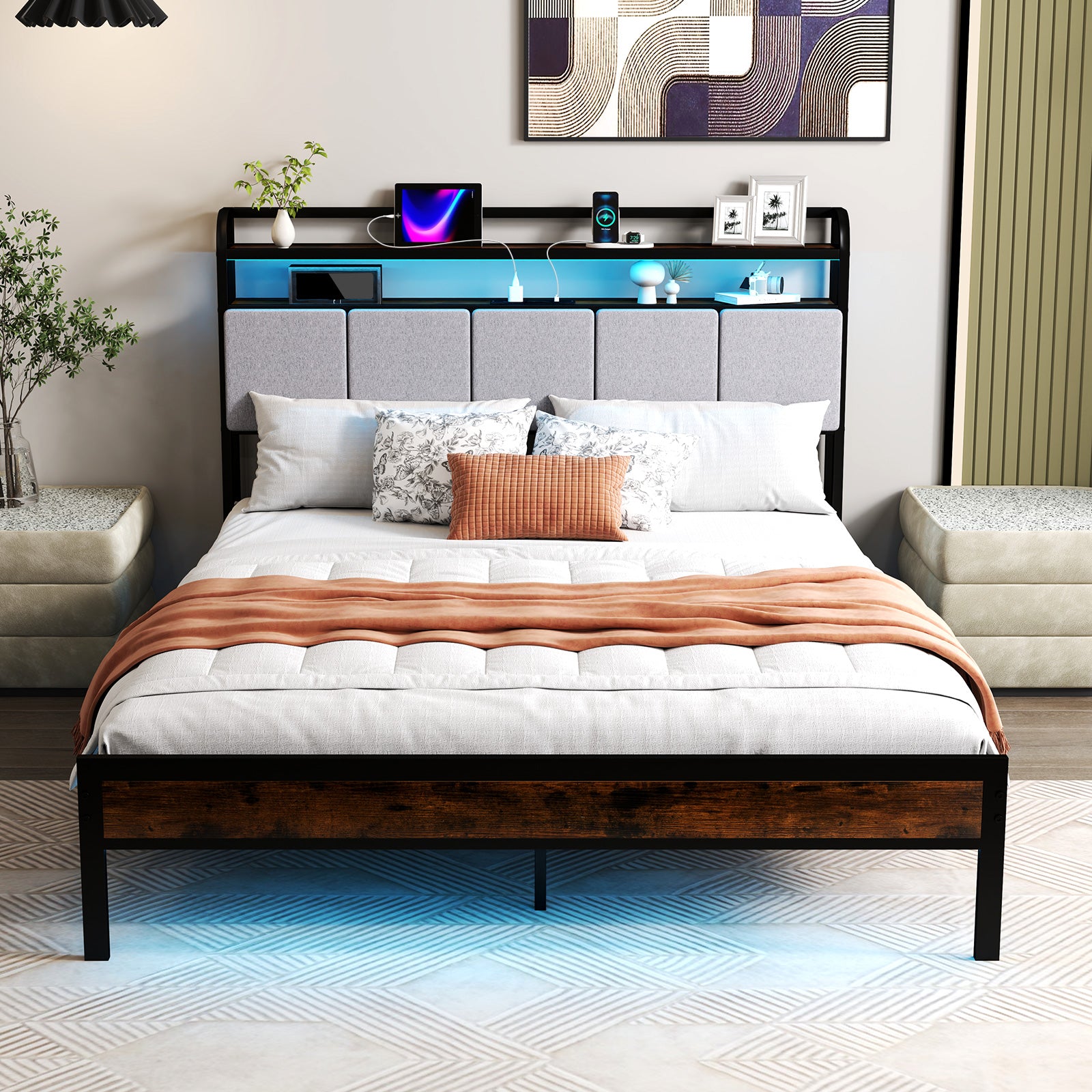 King Size Bed Frame with LED Light and Charging Station-King Size