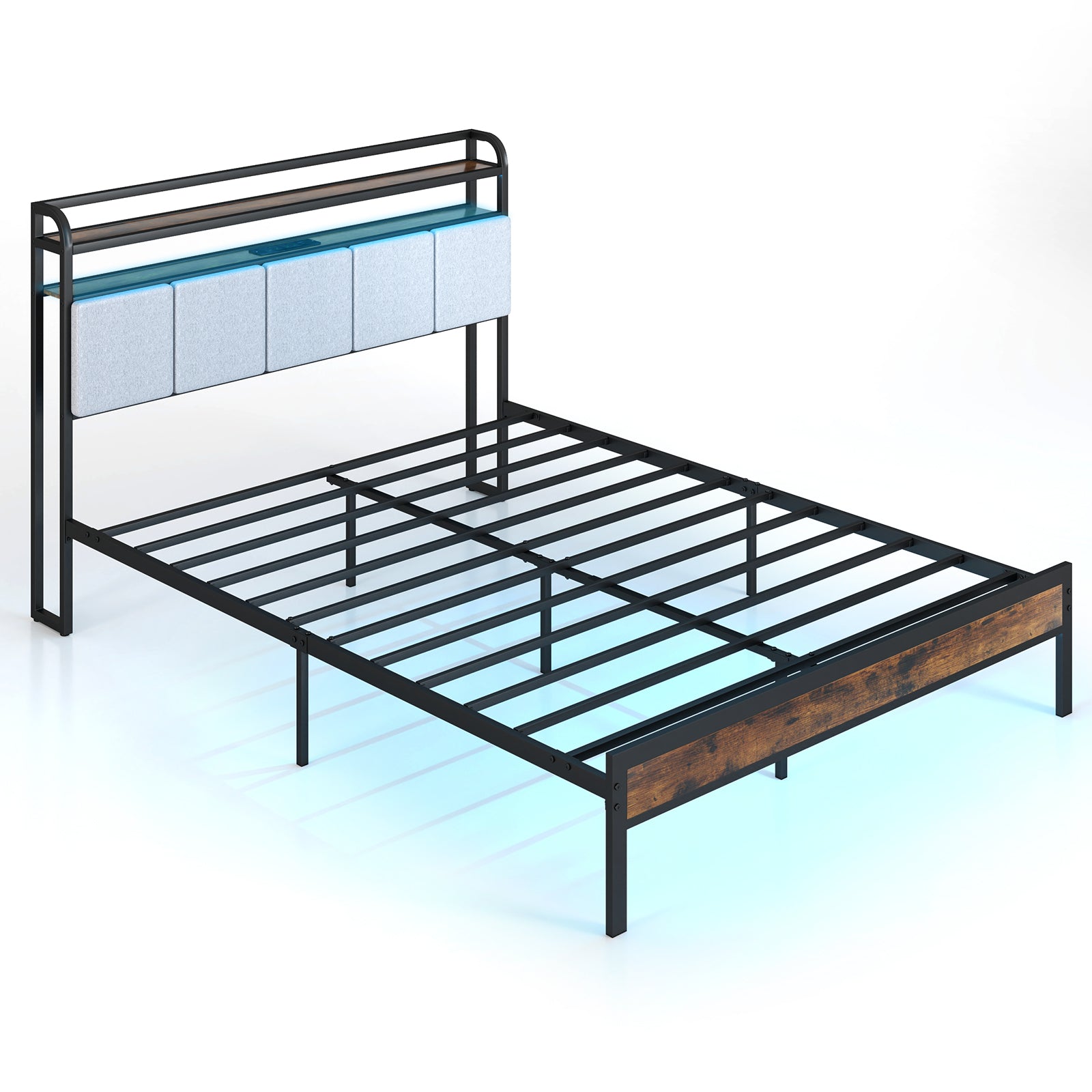 King Size Bed Frame with LED Light and Charging Station-King Size
