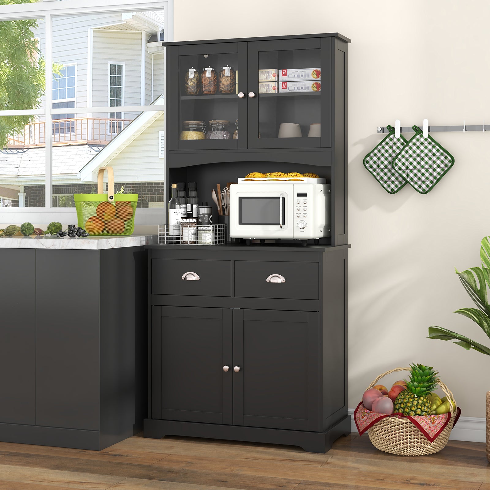 Kitchen Buffet Sideboard with Hutch 4 Doors Cupboard with Adjustable Shelves-Black