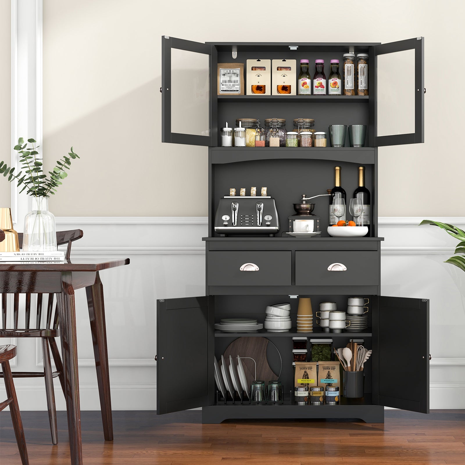 Kitchen Buffet Sideboard with Hutch 4 Doors Cupboard with Adjustable Shelves-Black