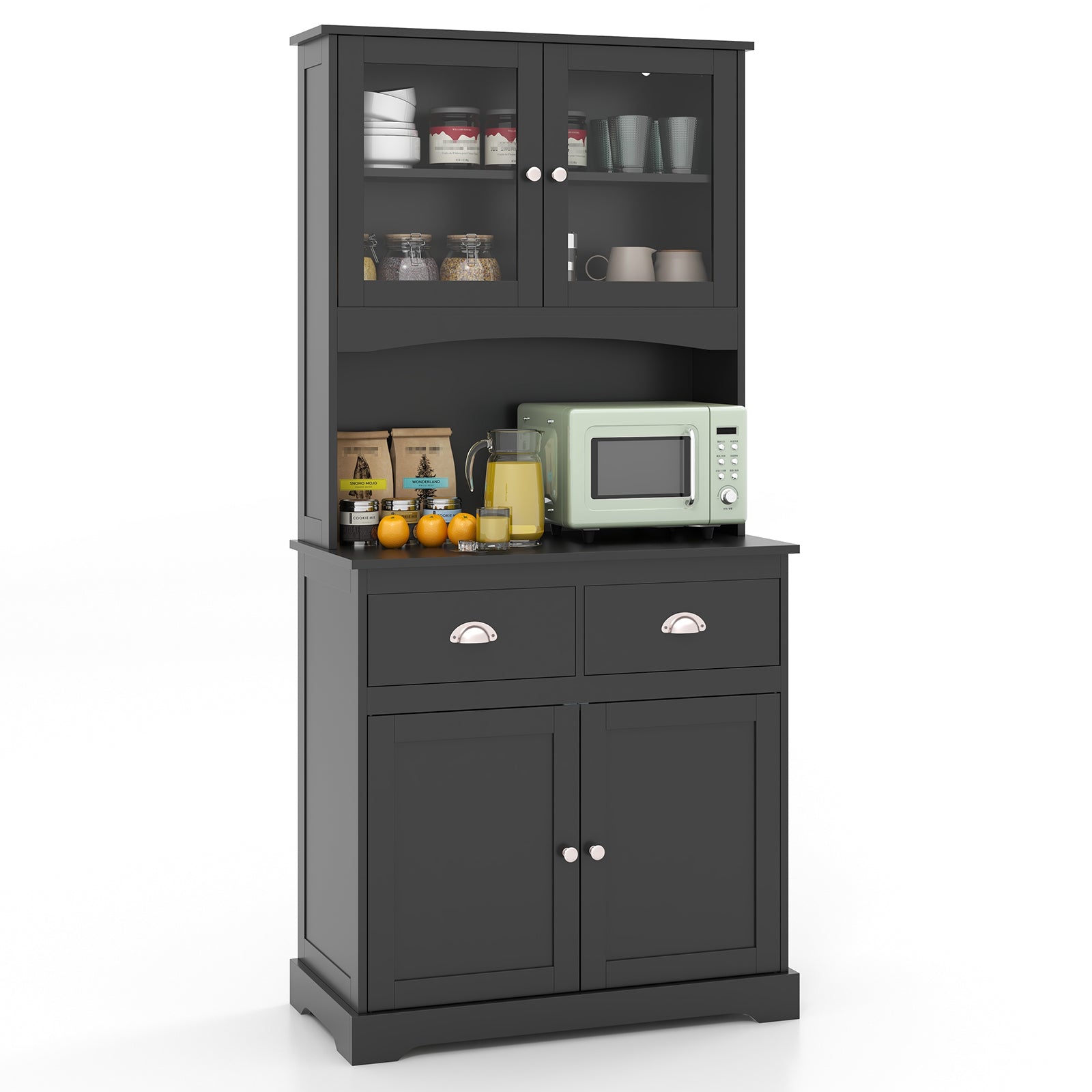 Kitchen Buffet Sideboard with Hutch 4 Doors Cupboard with Adjustable Shelves-Black