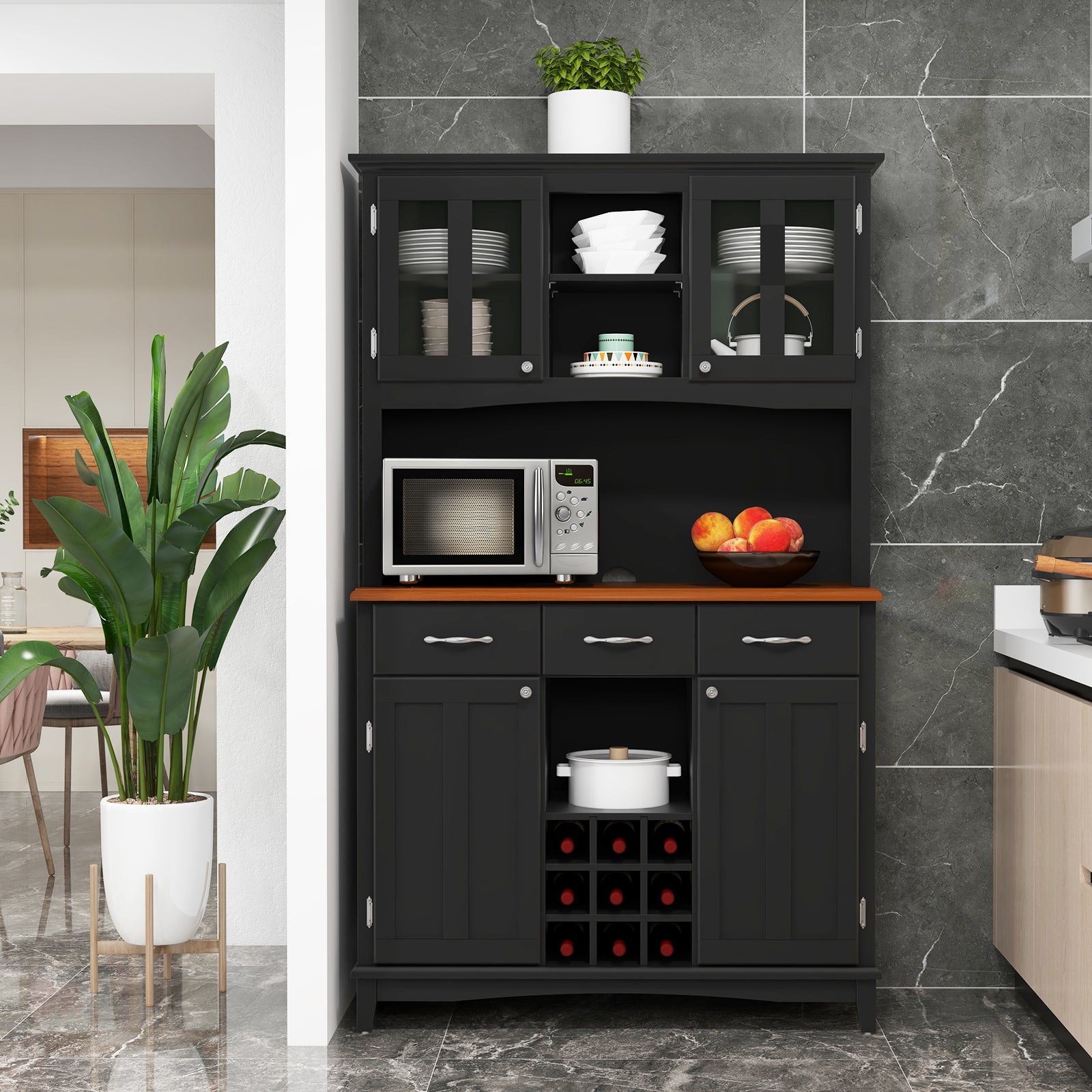 Kitchen Cupboard with Adjustable Shelves and Drawers-Black