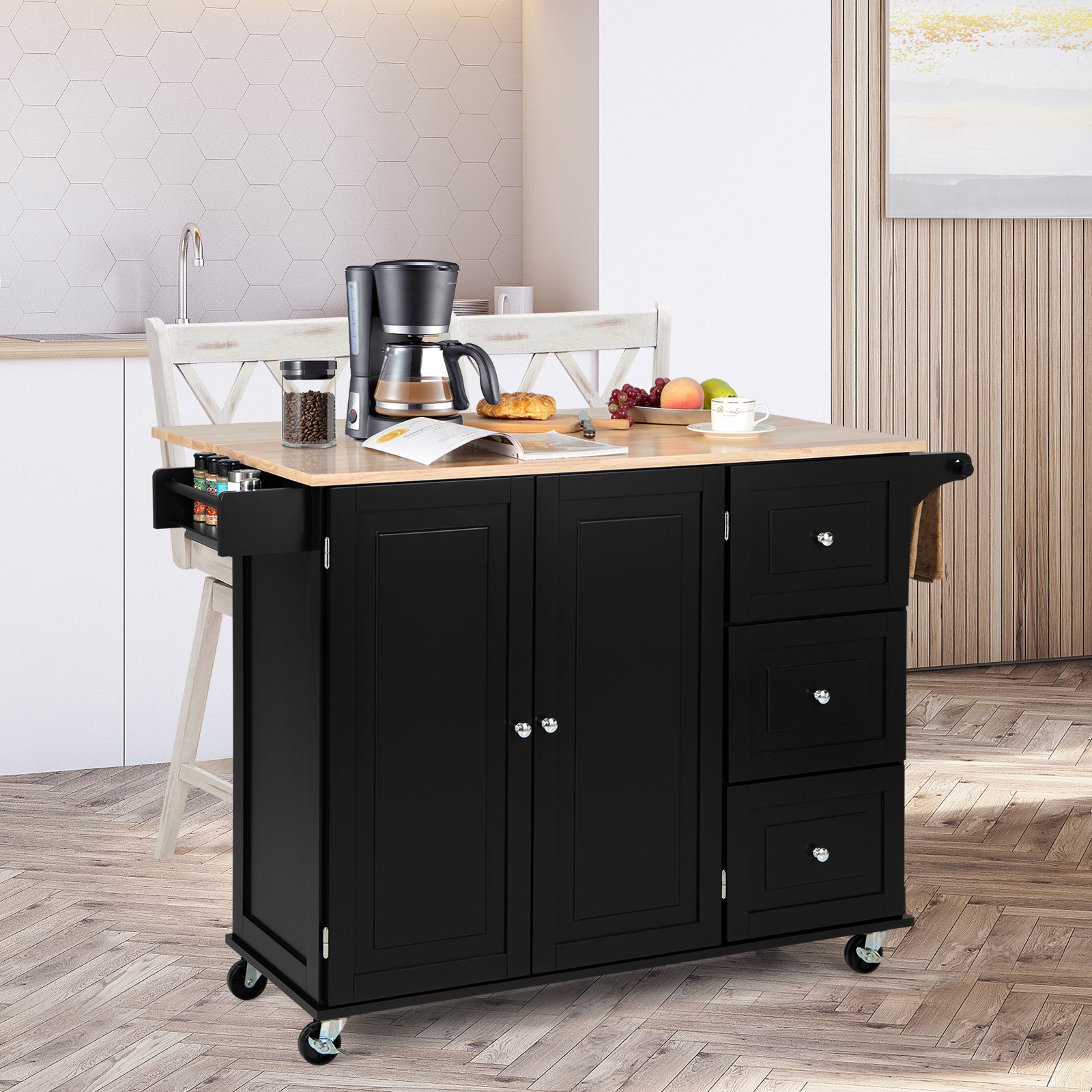 Kitchen Island Trolley with 3 Drawers and 2-door Cabinet-Brown