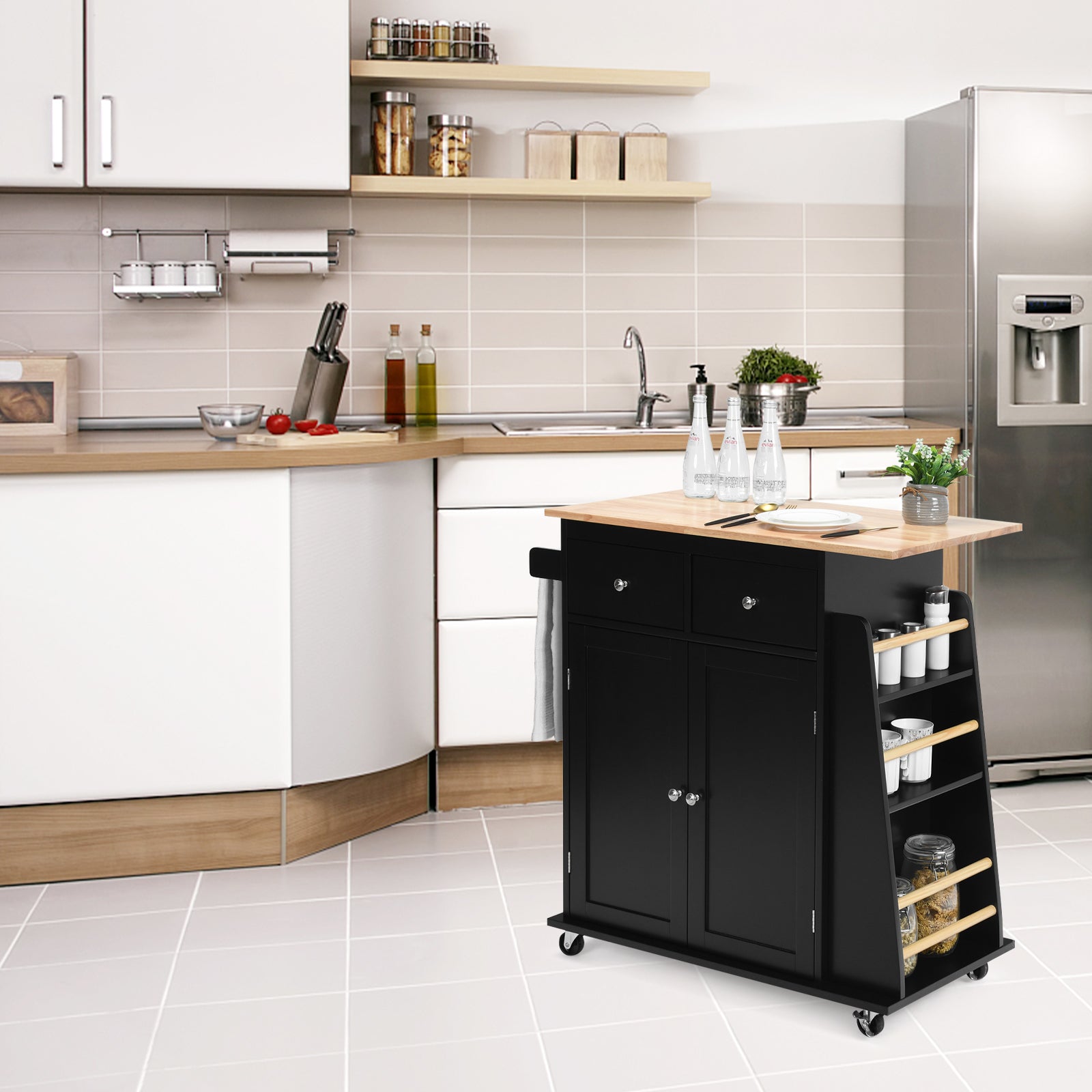Kitchen Island with Rubber Wood Countertop and Storage on Wheels-Black